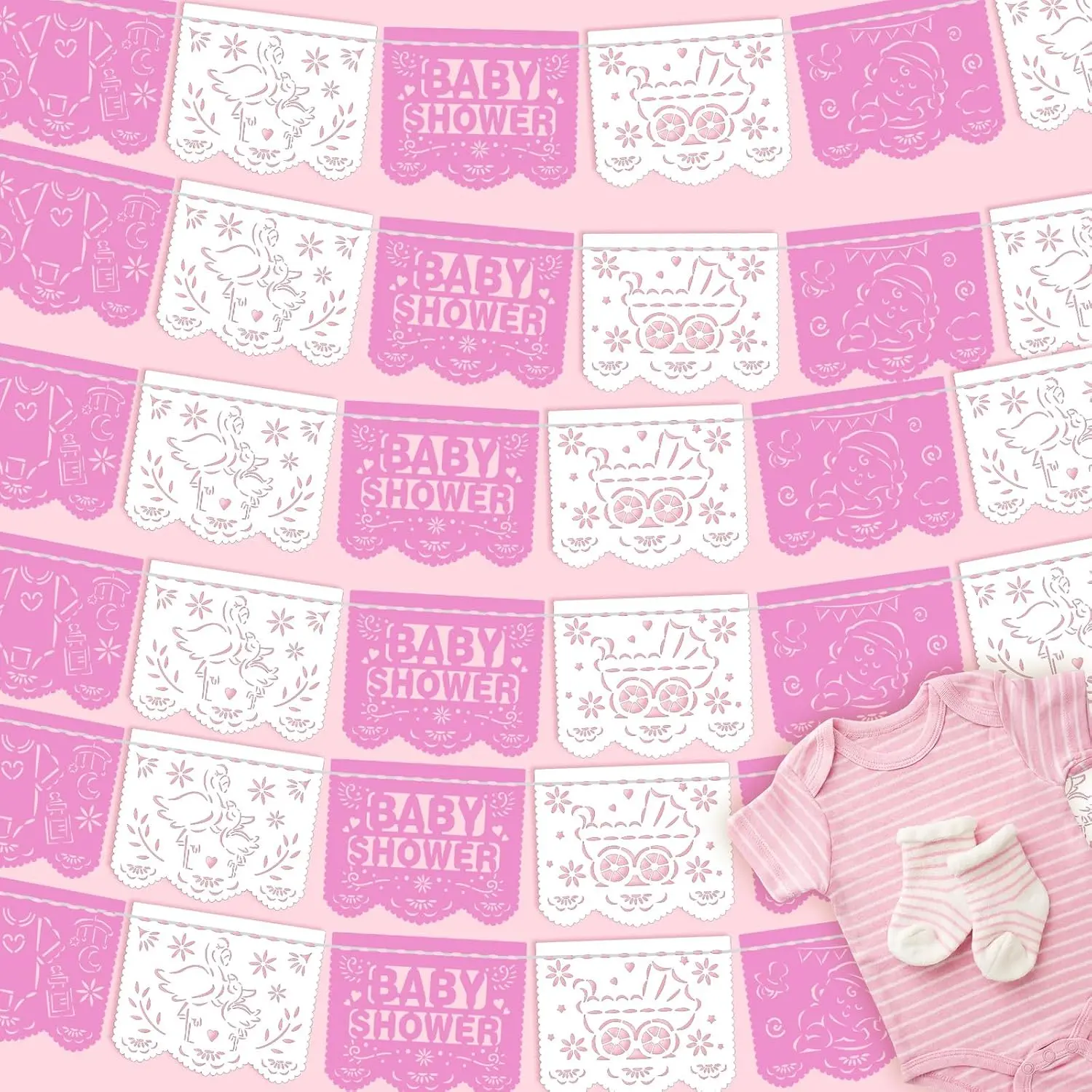 6-Pack Lightweight Mexican Papel Picado Banner Set, 98.43 ft Pink and White Cielito Lindo Decorations for Baby Shower, Outdoor Photo Wall Party Supplies, Outdoors