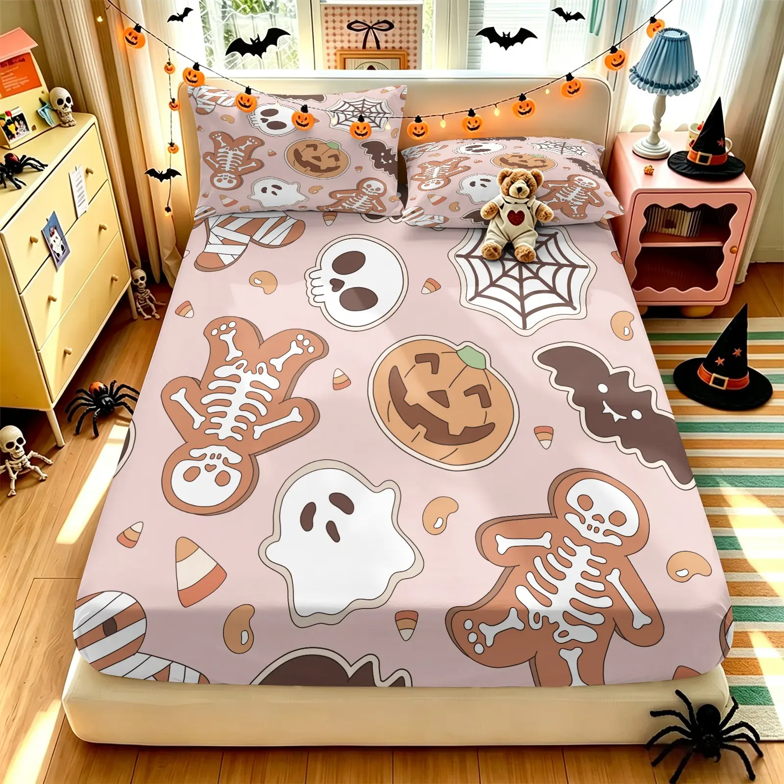 Light‑pink Cartoon Gingerbread Skull Ghost Halloween Fitted Sheet Set, Include 1 Fitted Sheet and 2 Coreless Pillowcases, All‑season soft anti‑slip bedding for halloween‑themed home‑decor fans, dorm decor & holiday gift