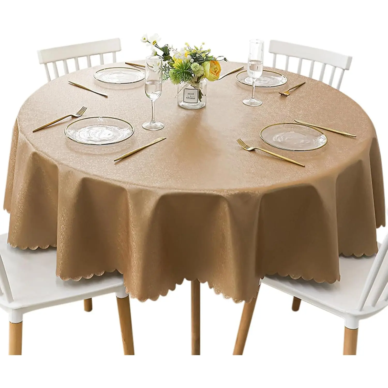 Round Waterproof Vinyl Tablecloth, Stain Resistant Tablecloth, Wipeable Spillproof Oil-Vinyl Table Cover for, Dining, Parties, Wedding (48 inch, Coffee)