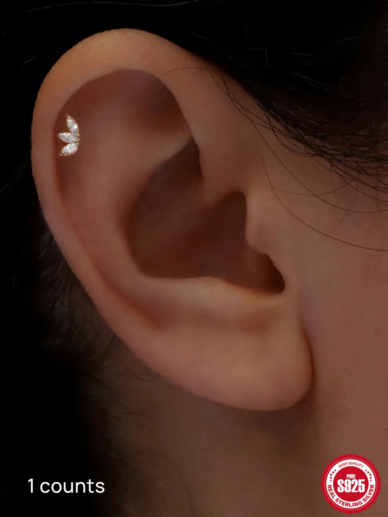 1Pc Waterproof S925 Sterling Silver Gold Plated Flat Back Stud Earring, Non-Tarnish Hypoallergenic Y2K Bling Rhinestone Accessories, Earrings Jewelry, Classic Marquise Cut CZ Cartilage Tragus Piercing Stud Single Jewelry Trendy Gift for Her Women
