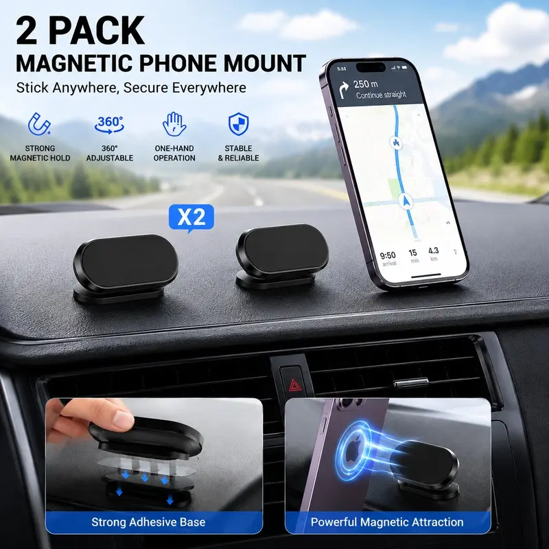 2PC Black 360 Degree Magnetic Cell Phone Holders, Self-Stick Metal Car Dashboard Mount with Adjustable Swivel Head for Hands-Free Navigation, Universal Cell Phone Stand for Desk, Wall, Kitchen and Office, Fits iPhone, Samsung, Android Smartphones and GPS