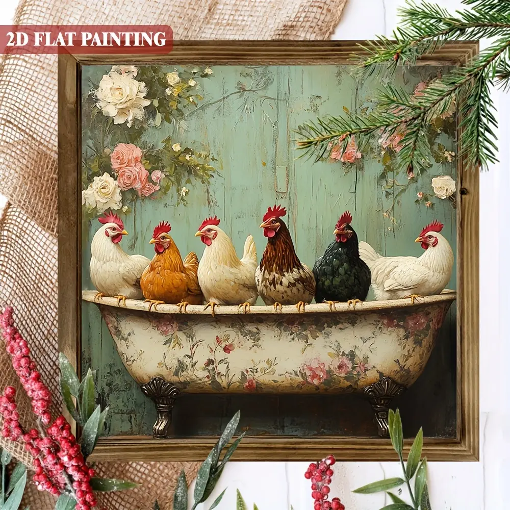 2D Flat, 1pc Vintage Victorian Chicken in Bathtub Wooden Wall Art Sign - 8x8 Inch Framed Farmhouse Decor with Colorful Muted Teal & Pink Floral Rooster & Hens for Home, Porch, Bathroom, Coop - Rustic Chicken Lover Gift, 2D Flat