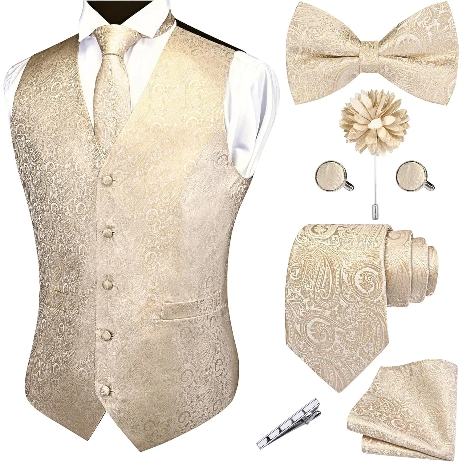Formal Men Vest Paisley Floral Jacquard Tie Waistcoat Bow tie Hanky Lapel Pin Cufflinks Set Wedding 7PCS
