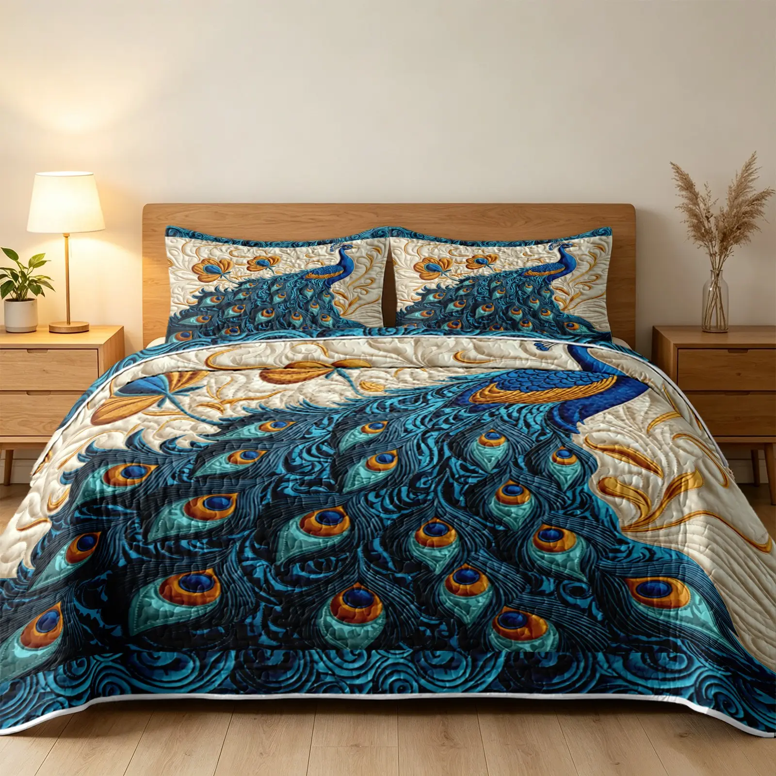 3Pcs Luxurious Blue Peacock Floral Quilt Set Includes 1 Quilt And 2 Pillowcases 3D Embossed Style Peacock Feather Print Exotic Vintage Border Design Reversible Lightweight Bedding No Inner Filling All Season Use Flower Quilt Set