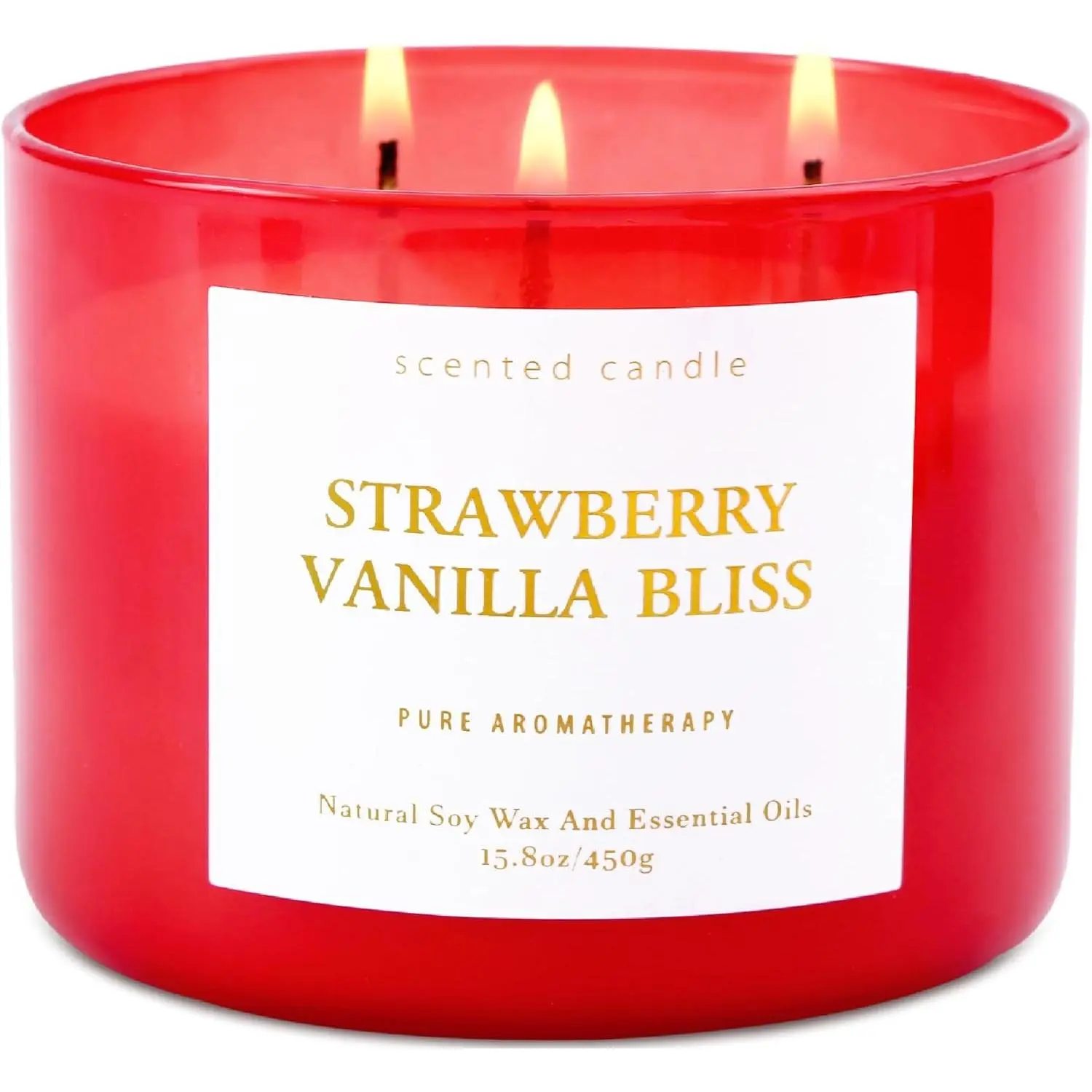 Strawberry Vanilla 3-Wick Large Scented Soy Candle for Women, 15.8 oz Red Jar - Sweet Fruity Aromatherapy Candle with Creamy Vanilla, Peach & Raspberry, Clean Burn, Gift-ReadyGift