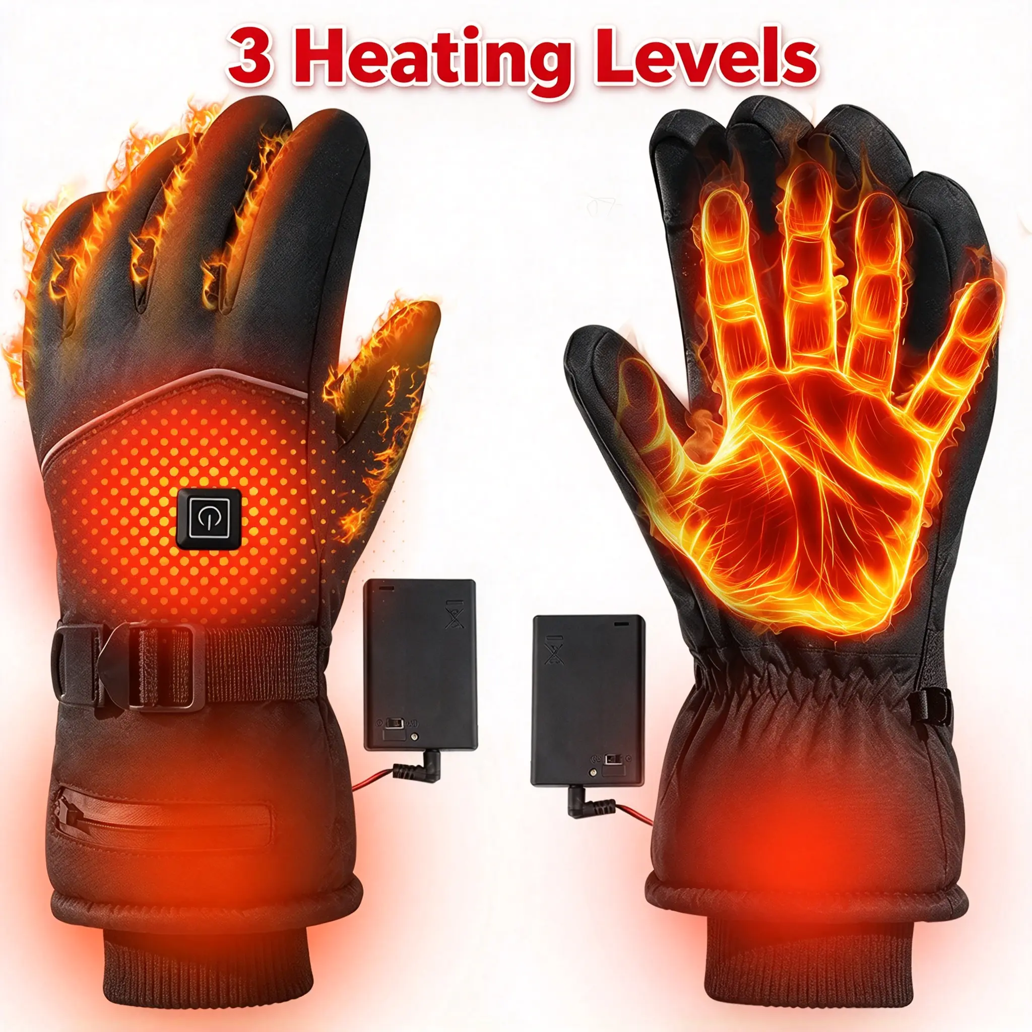 Unisex Heated Gloves, 3 Heat Settings Switch, Touch Screen Waterproof Windproof Gloves with Zipper Pocket, Winter Warm Gloves for Ski Camping, Christmas Gift for Men Women
