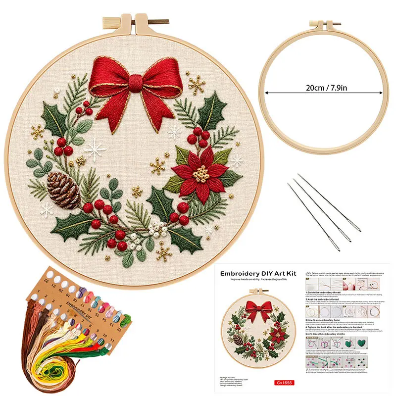 Christmas Embroidery Kit, DIY Needlework Craft Set with Needle and Thread, Beginner-Friendly Handmade Sewing Kit, Portable Embroidery Material Bag, Christmas Gift for Women, Girls, Teens, Holiday Stocking Stuffer