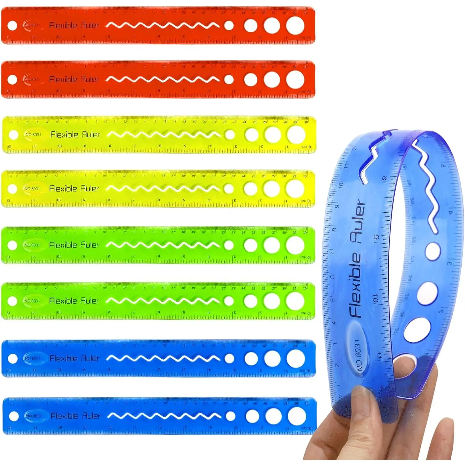 8 count Flexible Ruler for  Adults, 30cm/12inch Bendable Rulers Folding Soft Plastic Rulers Shatterproof Straight Measuring Tools  for School Classroom Office (Rainbow)