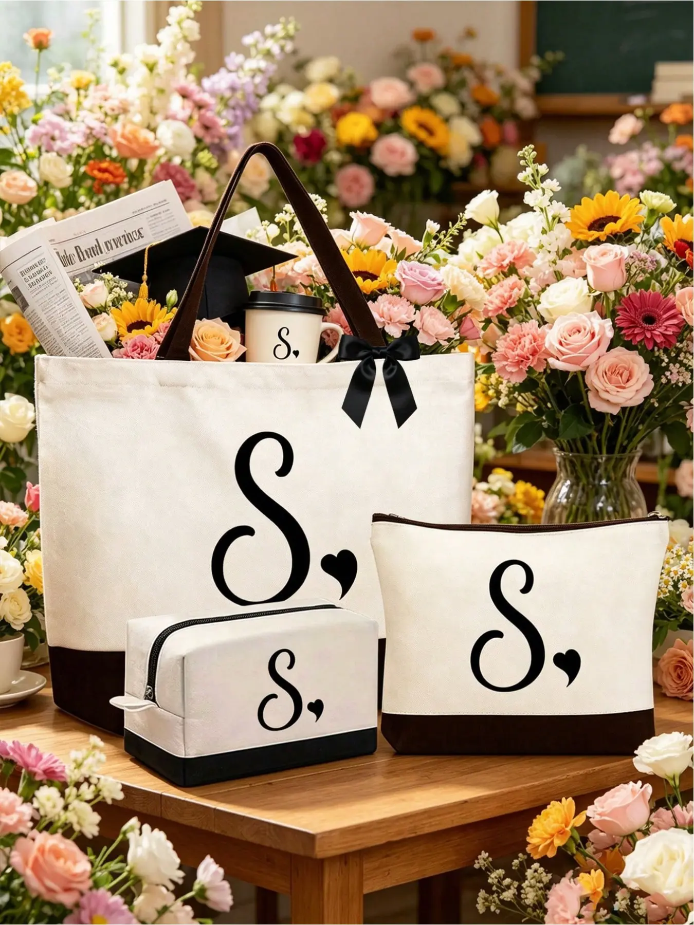 Initial Letter Print Large Women Tote Summer essential, versatile as beach, makeup & swim bag. Great for office, vacation, graduation, back-to-school and holiday gifts.