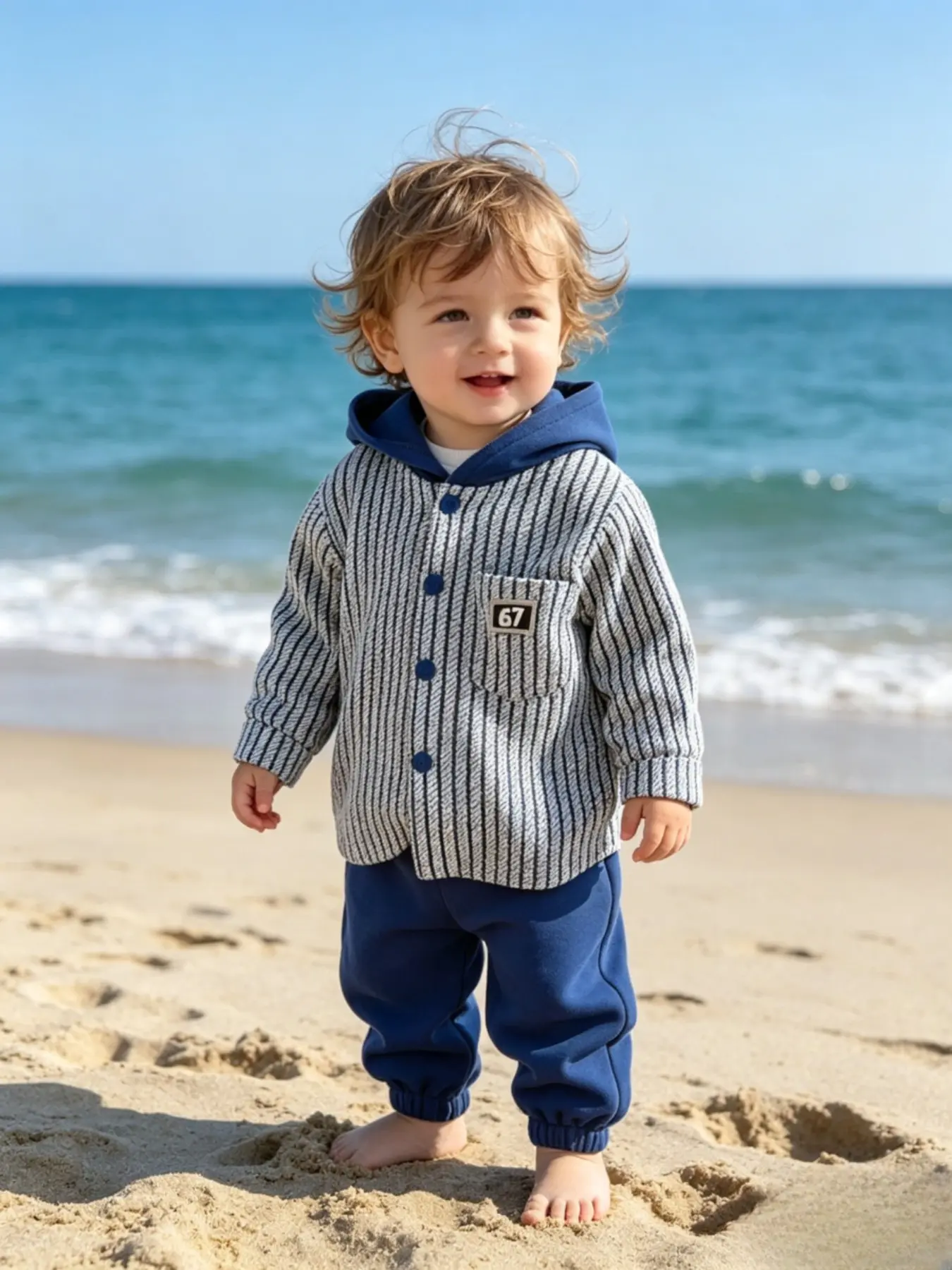 New Kids Fashion Striped Wear-Resistant Hooded Jacket + Pants Set, Versatile School Season, Trendy Clothing