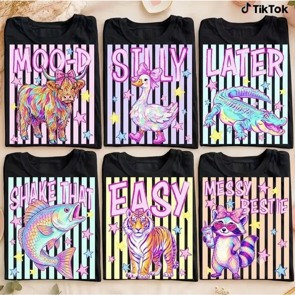 Preppy Summer Coastal T-Shirt , Trendy Feral Raccoon Vogue, Easy Tiger, Later Gator, Loose Goose Striped Animal Tee, Gift for Her Tops Womenswear, Striped Tee, Digital Print