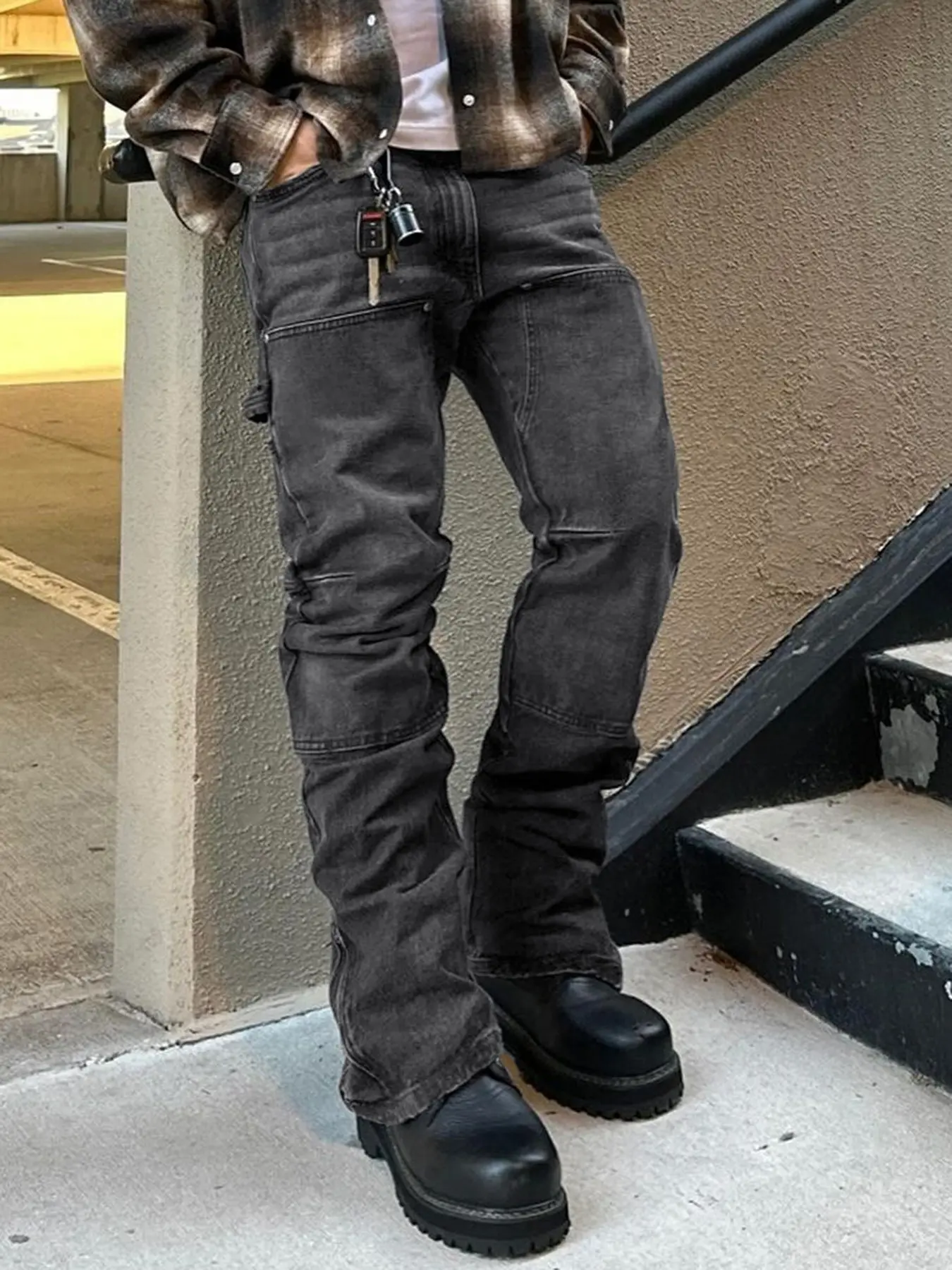 Men's Casual Classic Washed Denim Jeans Pants, Casual Streetwear Distressed, Plain, Elastic Patchwork High Street Style Streetwear Utility Pocket, Fitted All Season Wear, Perfect Gift for Husband Boyfriend