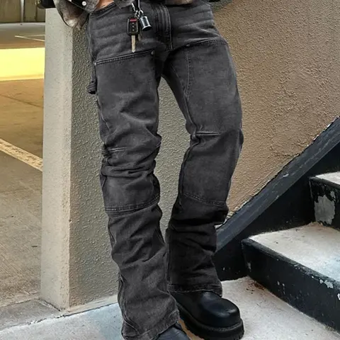 Men's Casual Classic Washed Denim Jeans Pants, Casual Streetwear Distressed, Plain, Elastic Patchwork High Street Style Streetwear Utility Pocket, Fitted All Season Wear, Casual Jeans Menswear, Perfect Gift for Husband Boyfriend