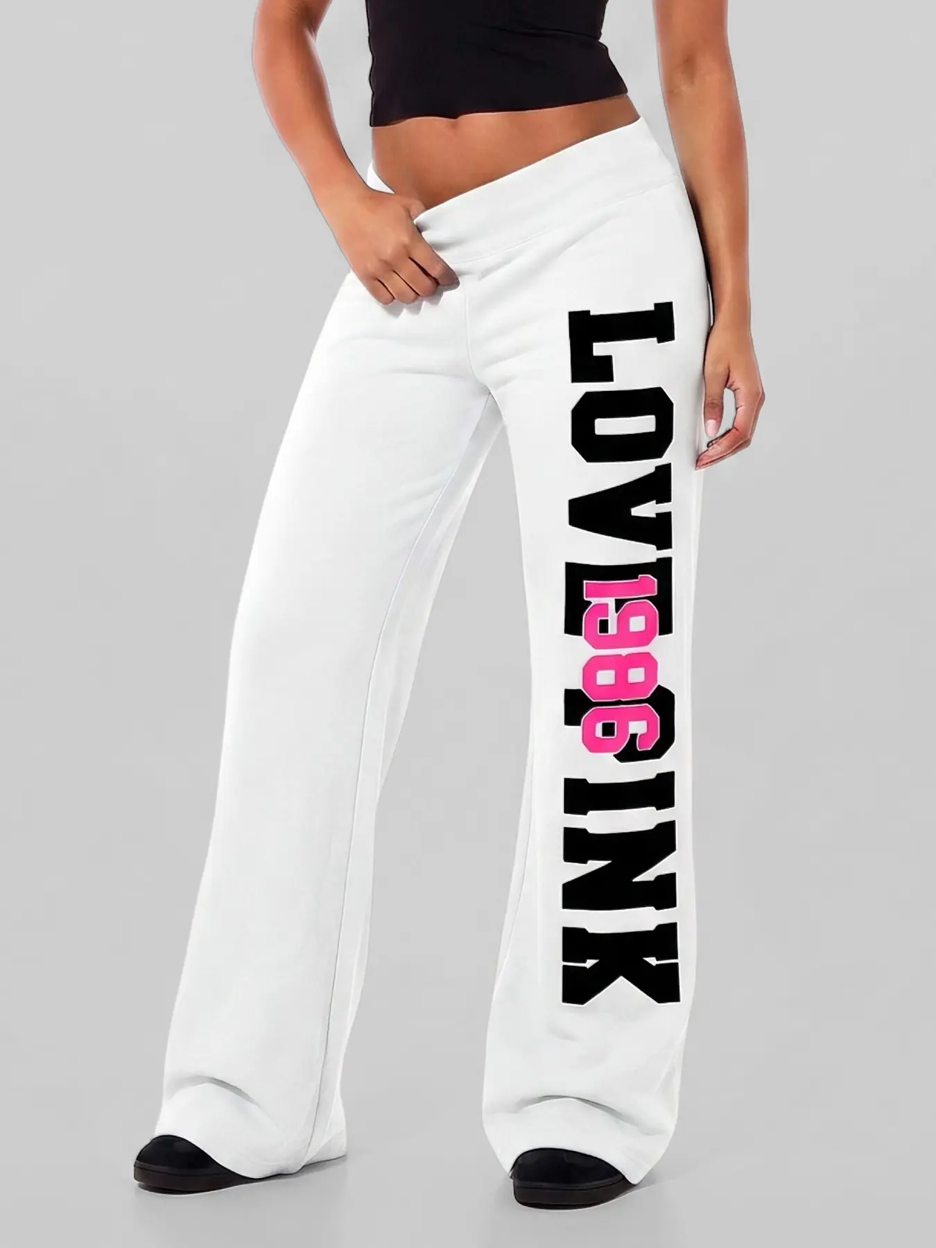 Women White Y2K Letter Graphic Bootcut Sweatpants, Elastic High Waist Loose Wide‑Leg Flare Jogger Trousers Street Casual Daily Bottoms