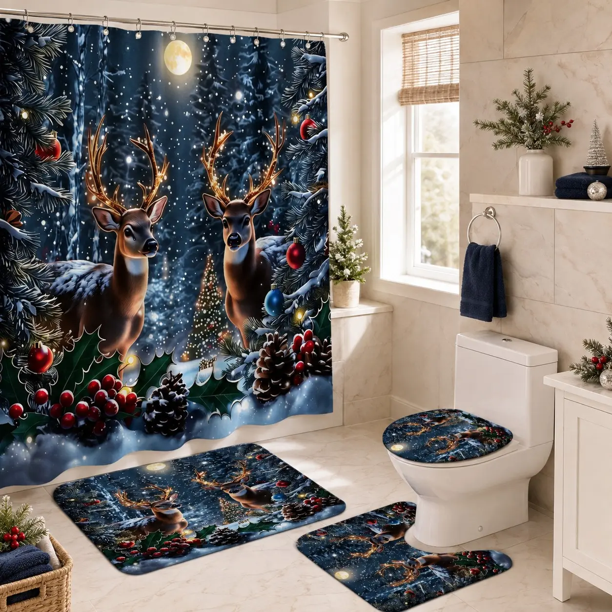 4pcs Cozy Christmas Bath Curtain Set, Deer in Snowy Forest, Pine Cones, Berries & Twinkling Lights, Bathroom Decor, Tiktok Shop