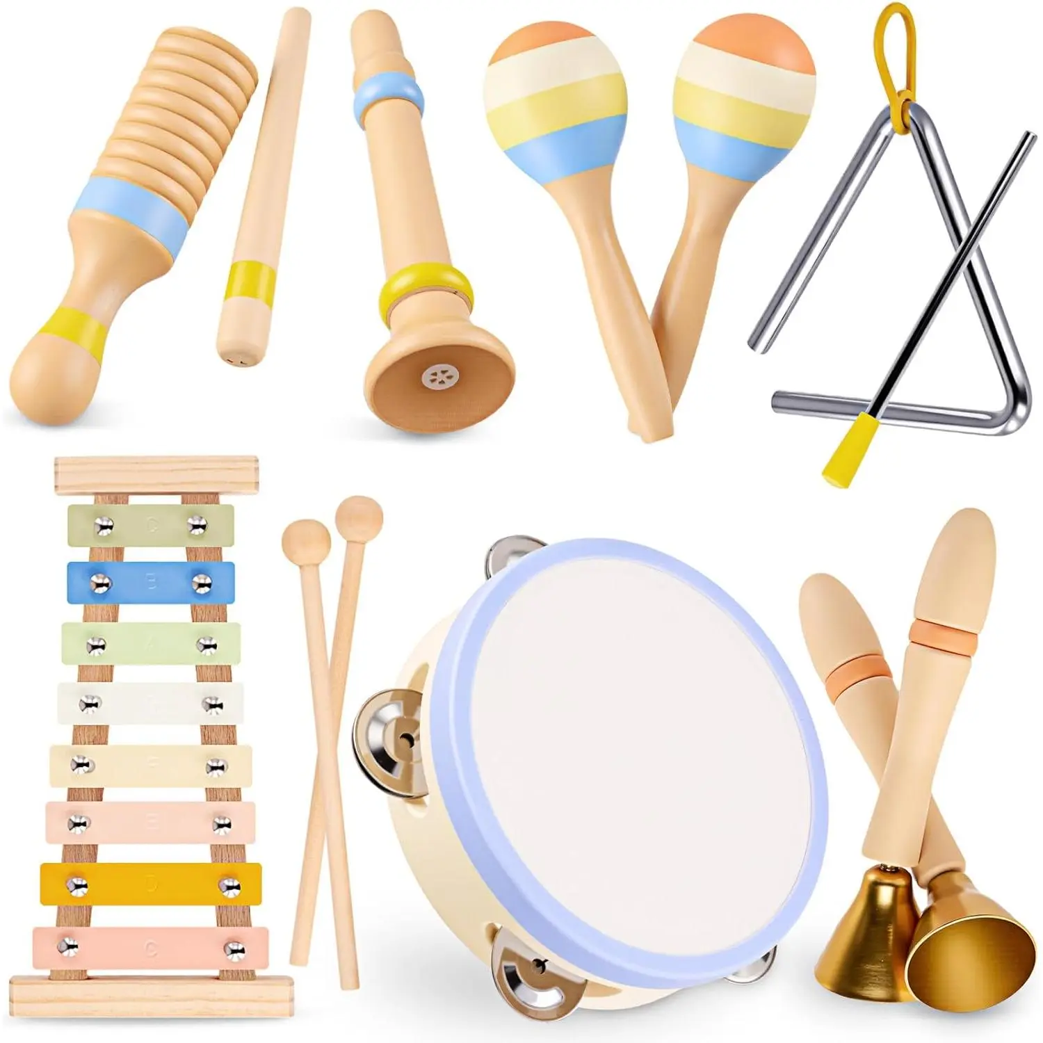Montessori Wooden Baby Musical Instruments Set - BPA-Free, CPC/ASTM Compliant, Includes Xylophone, Tambourine, Triangle, Maracas, Clarinet, for 0-3 Years Toddlers, Early Music Play, Auditory Recognition Educational Toy, Birthday Gift