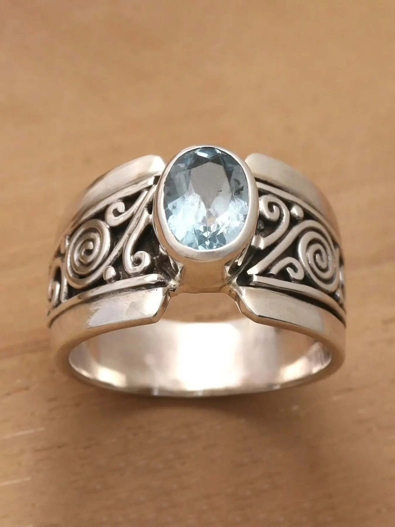 1 Piece Vintage Swirl Scroll Wide Band Statement Ring Oval Blue Faceted Stone Retro Tribal Pattern Chunky Ring Daily Evening Fashion Costume Jewelry Gift For Men Women