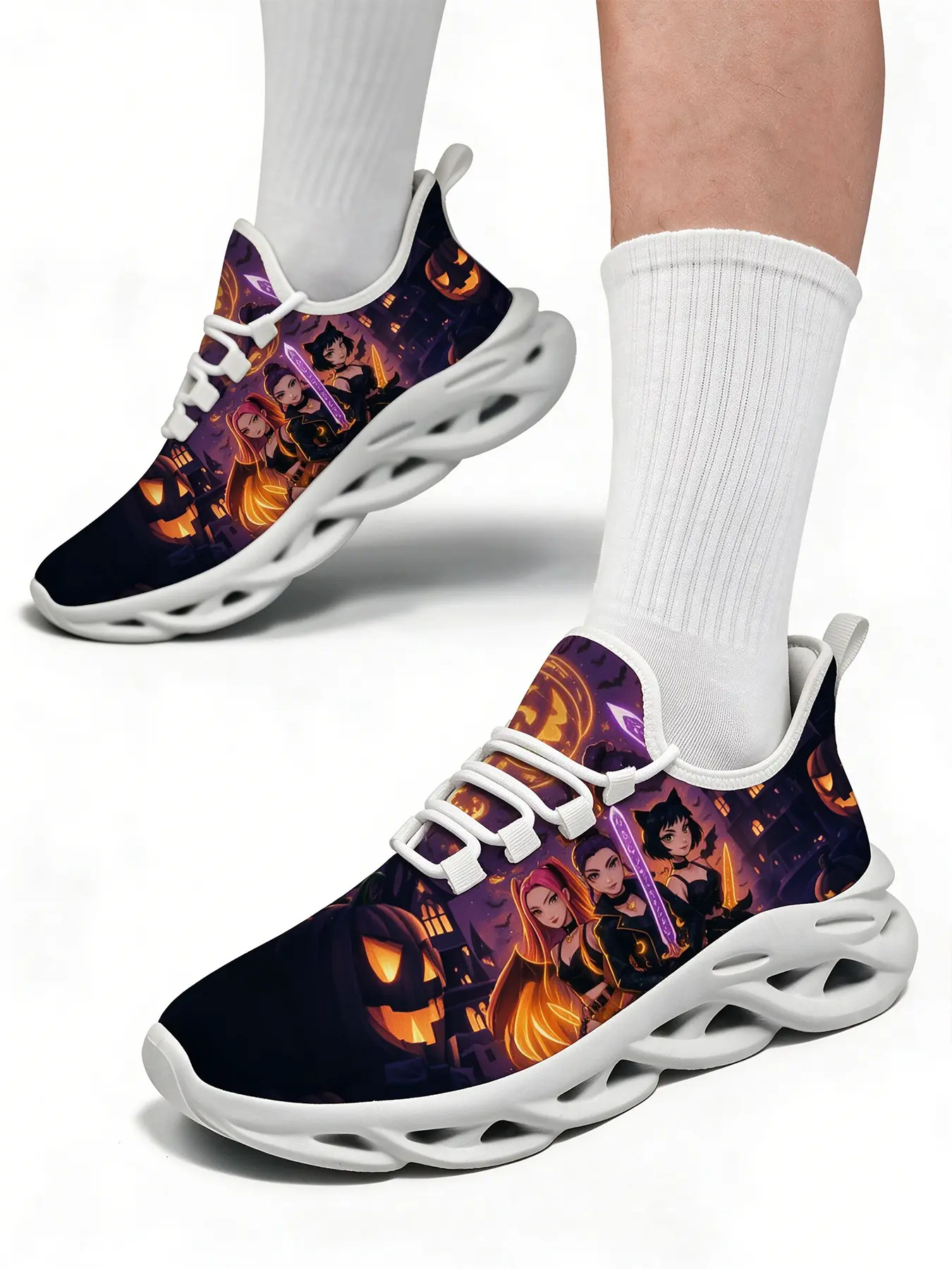 Halloween Print Unisex Adult Casual Sneakers Girl Group Design Low Top Comfortable Sports Running Shoes For Daily Wear Non-Slip Wear-Resistant Fashion Cushion Sneakers Holiday Gift