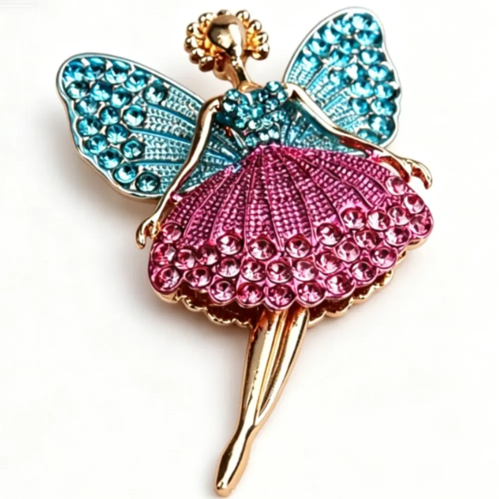 Ballerina Fairy Brooch 1 Style Gold Frame Blue Wing Pink Skirt Rhinestone Enamel Unisex Lapel Pin Gift