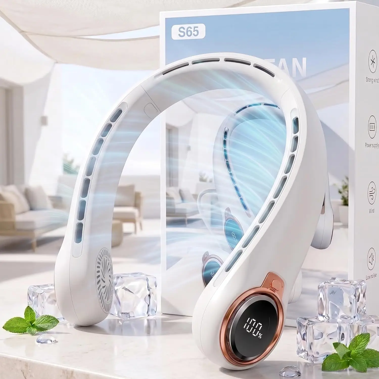 Portable Neck Fan with 6000mAh USB - Rechargeable Battery, Ultra-Light Bladeless Neck Fan LED Display, 360 °   Cooling Wearable Fan, 3 Speeds