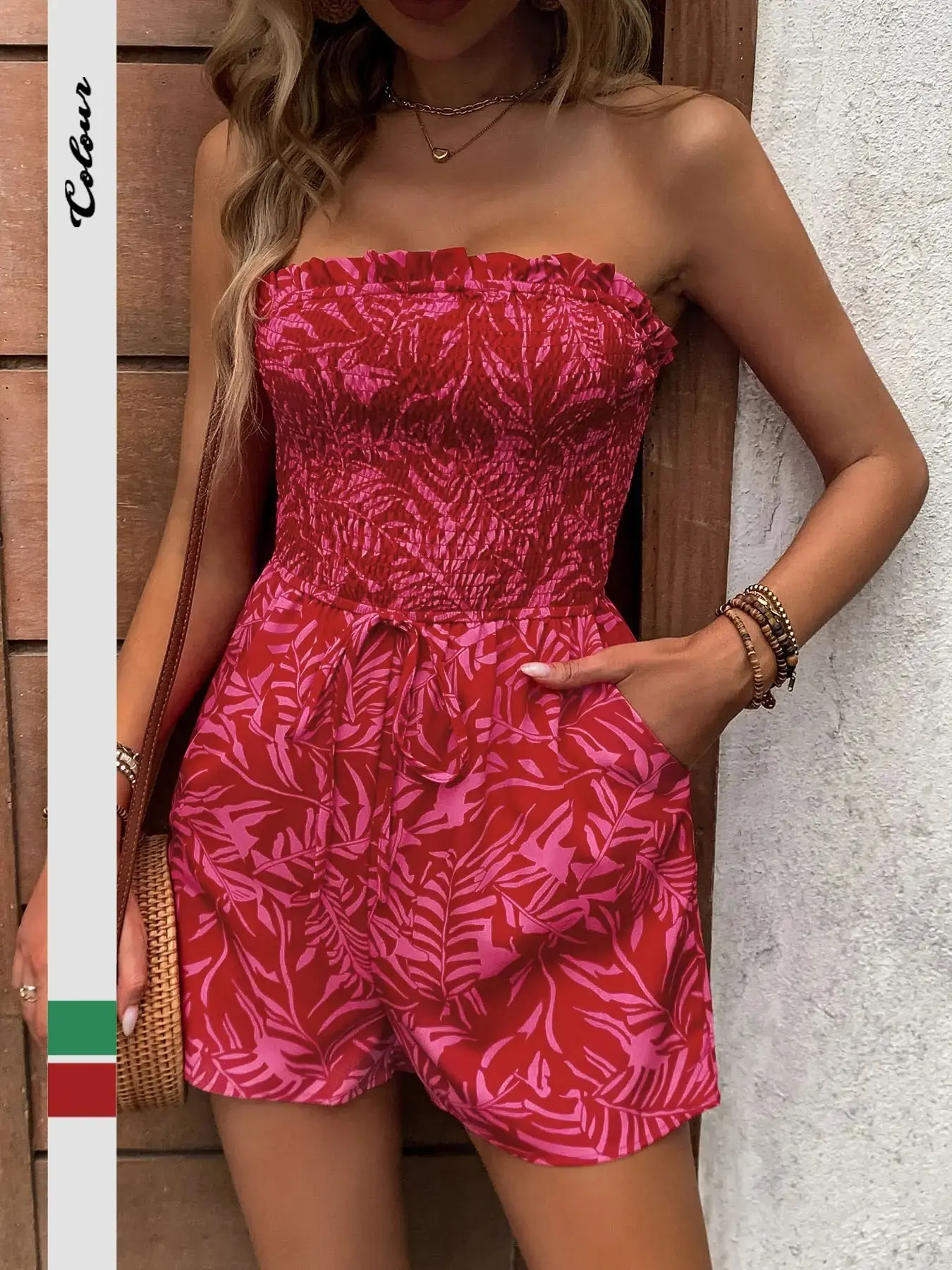 Women's Floral Print Geometric Frill Trim Shirred Tube Romper Jumpsuit, Leaf Print Romper, Bohemian Boho Tie Front Pocket Strapless Sleeveless Romper for Summer, Fashion Casual Women's Clothes For Beach Holiday Vacation, Casual Comfy Romper