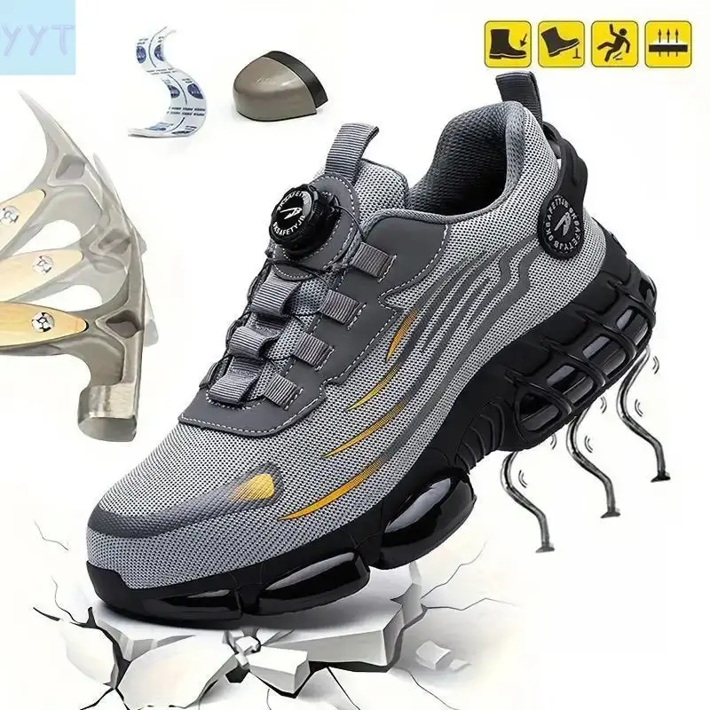 YYT1 Men's Steel Toe Safety Shoes Puncture Proof And Smash Proof With Swivel Button Contrasting Color Mesh Work Shoes Suitable Outdoor Work Blue Collar Industrial Construction Outdoorfun Footwear