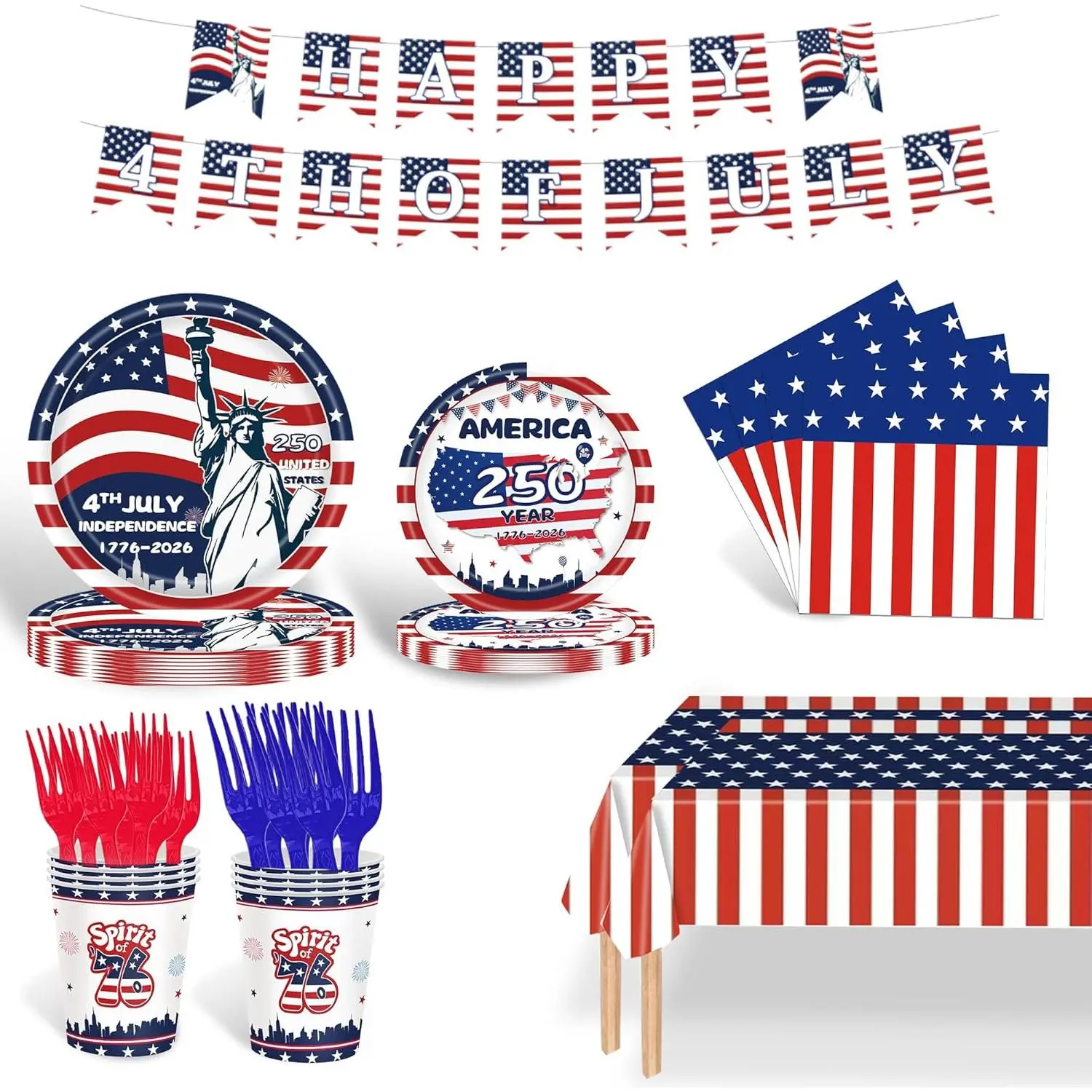 4th of July Party Supplies Set, Patriotic Theme Kit for for 250 Anniversary President Election Memorial Independence Decorations Includes Plates, Napkins, Cups, Banner, Forks Tablecloth