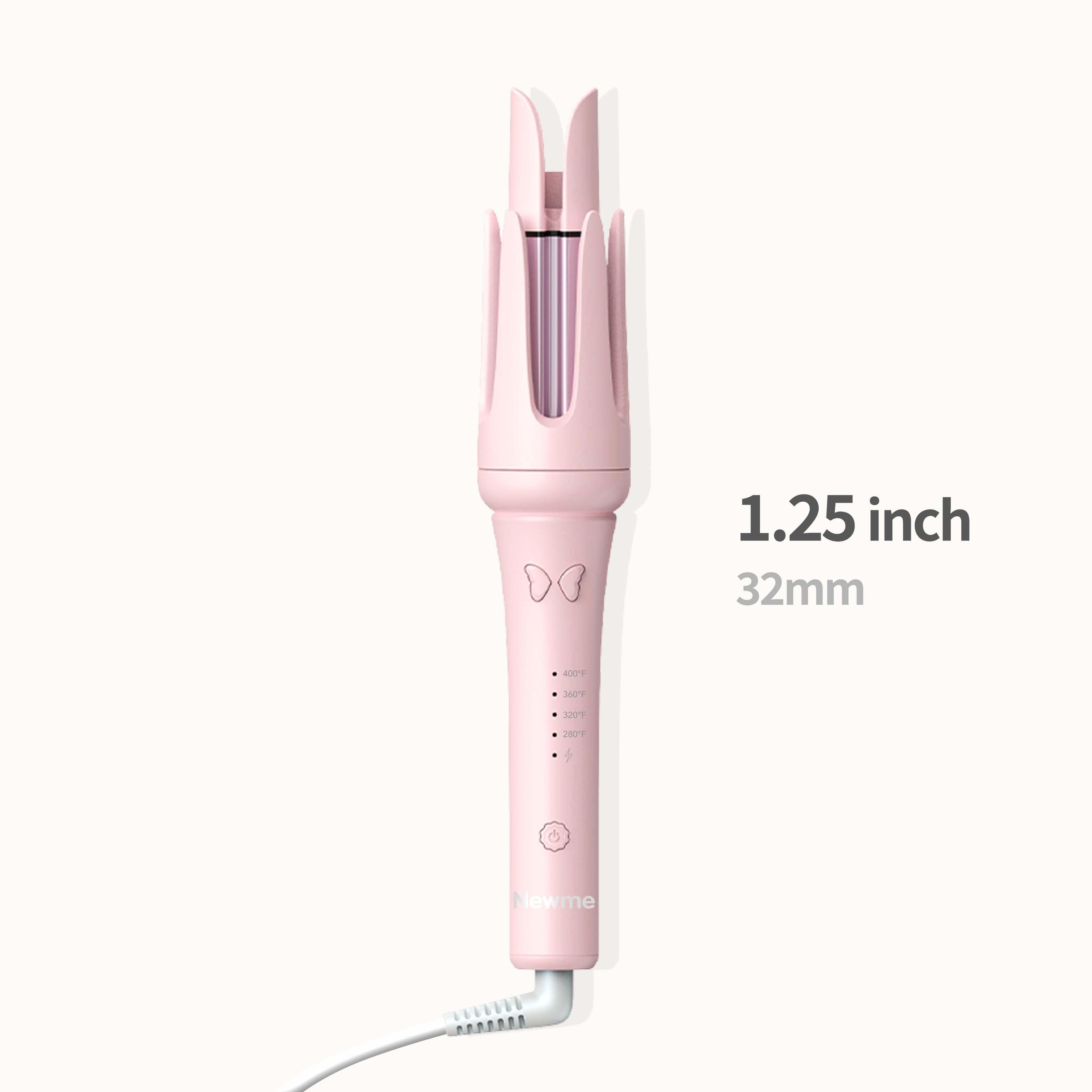 Newme Professional Styling Made Easy: 1.25 inch (32mm) Professional Automatic Rotating Curling Iron with Tourmaline, Fast Heating, Dual Voltage, and Smart Sensor - Perfect for Comfortable and Safe Hair Styling, Exclusive Gift, Pink Curler