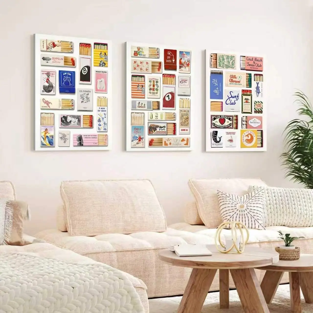 Fashion Modern Matchbox Wall Decor, Home Wall Art, Artistic Fun Matchstick Canvas Poster, Vintage Matchbox Set (3 Pieces), Bedroom Living Room Decoration, Framed 30x40x3p