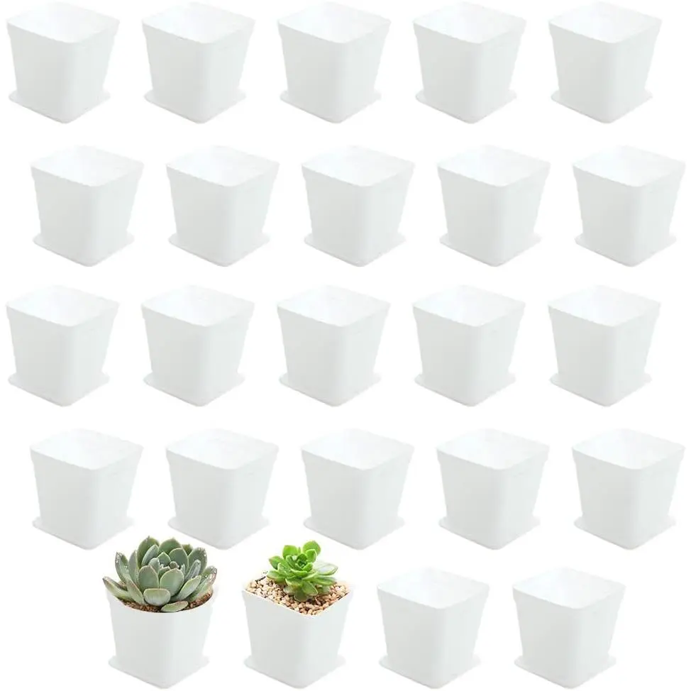 24 Pack 3 Inch White Square Plastic  Pots with Saucers, Seedling Pots with Drainage Hole,Small Planter Containers for ,,Indoor Outdoor Garden, Office Balcony Decor