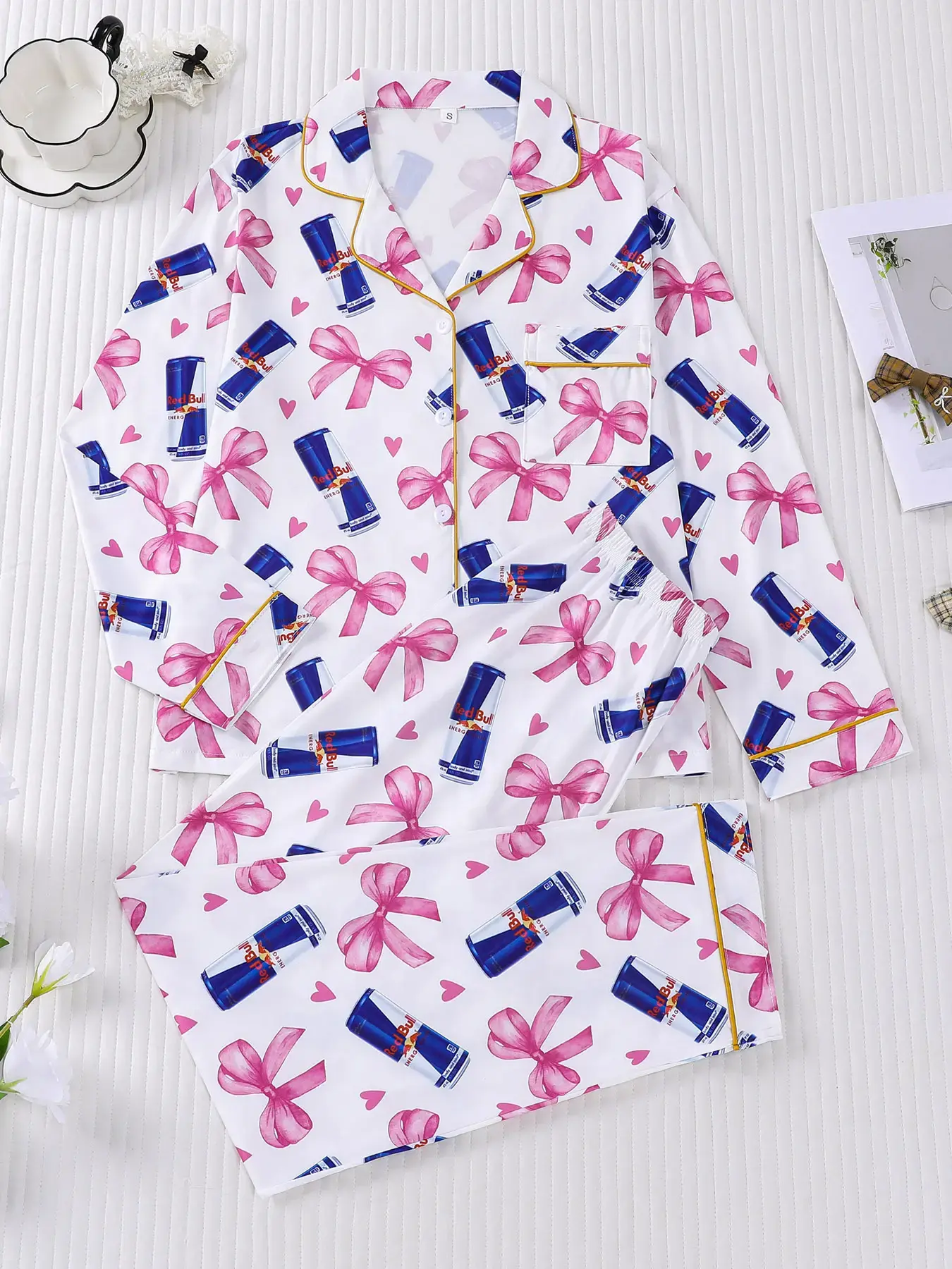 2-piece women's set with bow and heart design, long sleeve top, long pants with small pockets, comfortable, soft, skin-friendly, smooth fabric, elastic waistband, suitable for all seasons, casual loungewear, Pjs, Homewear, Nightwear, pajamas, Print