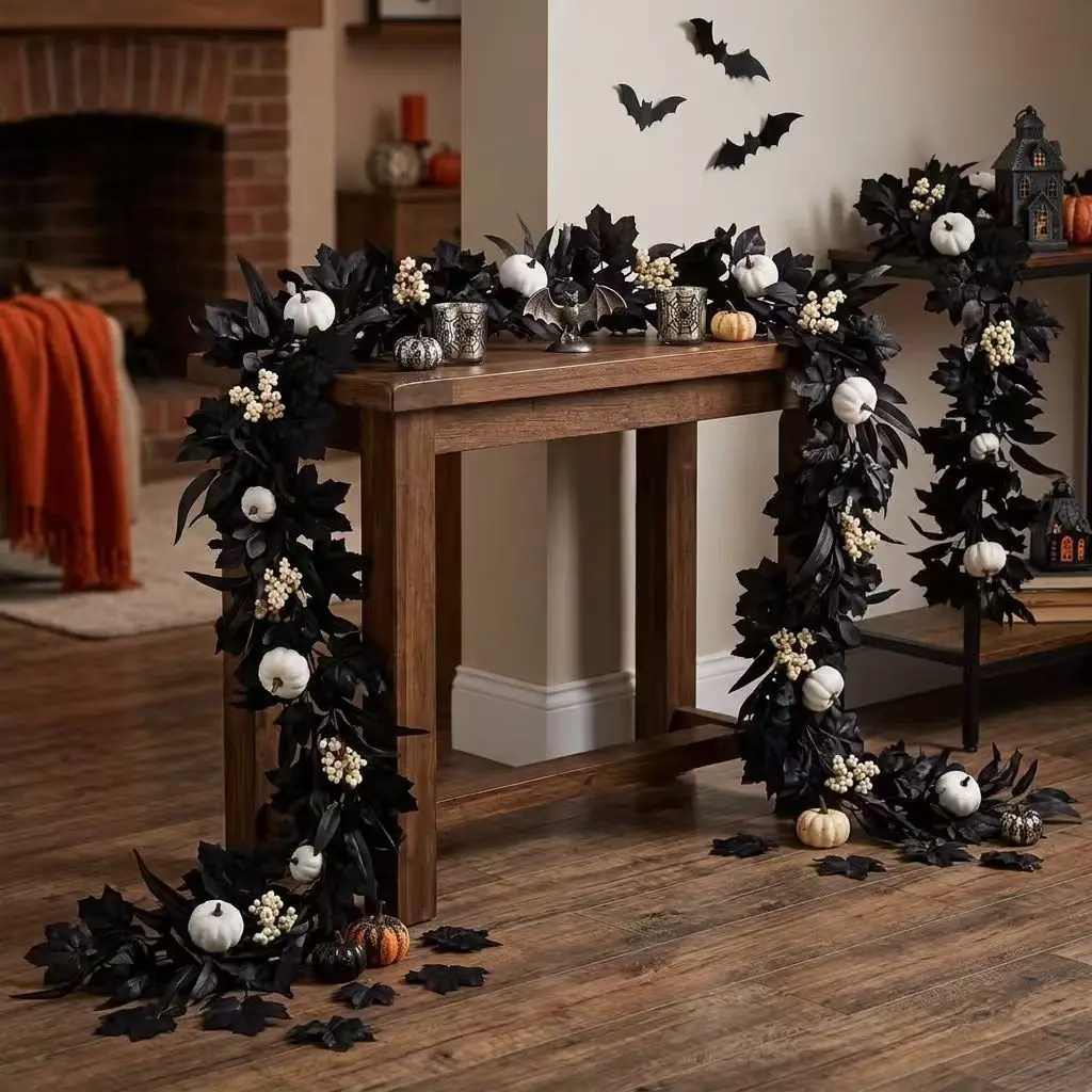 Maple Leaf Garland Halloween Decoration, Artificial Fall Vine with Pumpkins, Fireplace Mantel Door Decor, No Wreath Included