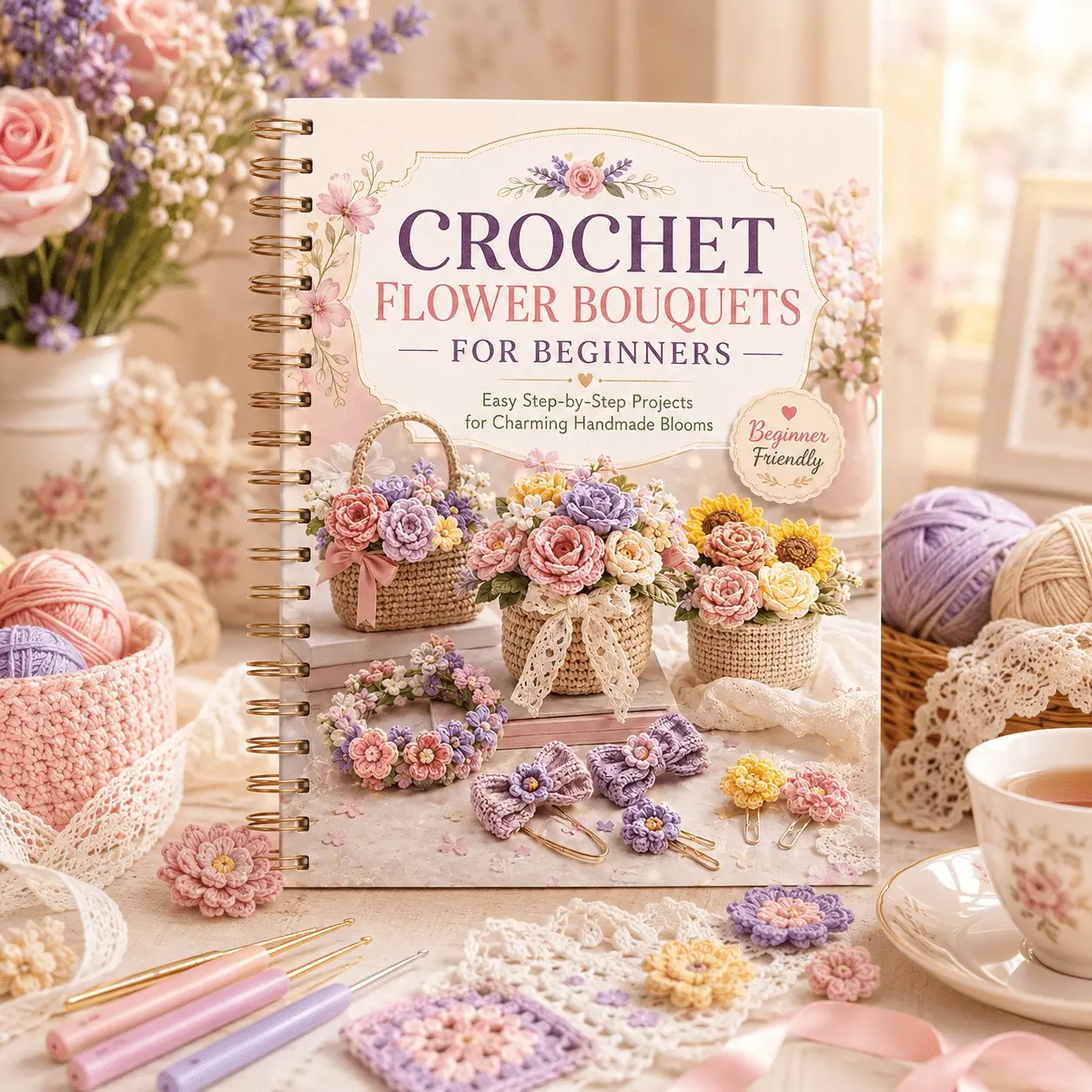 Beginner Crochet Flower Tutorial Book, Step-By-Step Guide for Handmade Flowers, Floral Arrangements, Vases, Wreaths, Decorative Accessories