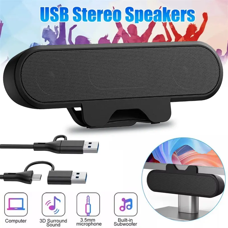 Computer Speaker with USB-C and USB-A Ports, Wired Laptop Speaker, Clip-On Monitor Speaker, Loud Stereo Sound, Adjustable Volume, Compact Portable, USB Stereo Speakers