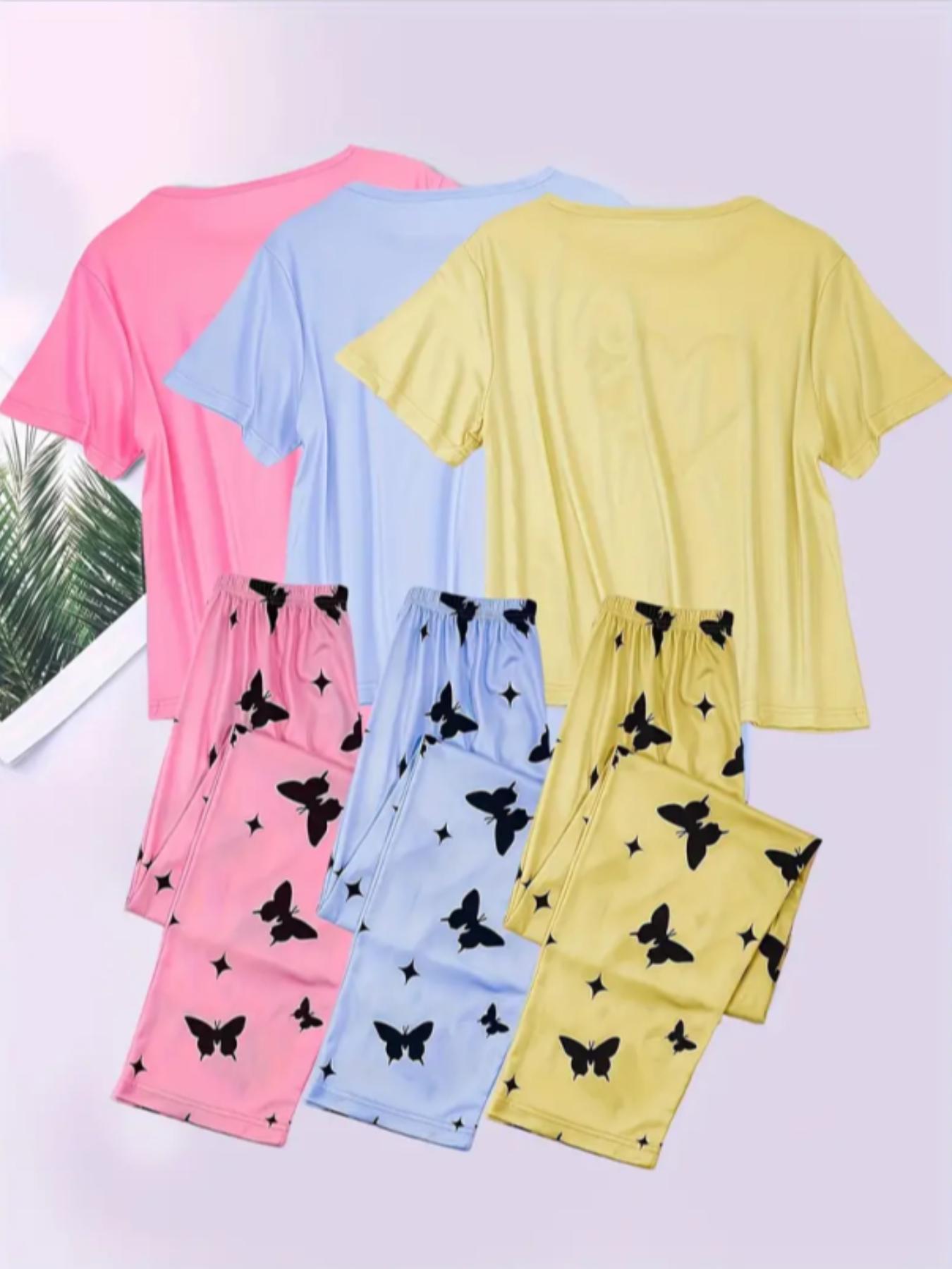 Women's Heart & Butterfly Print Pyjama Set, Comfy Fitted T-shirt & Elastic Waist Trousers Set, Women's Sleepwear for All Seasons
