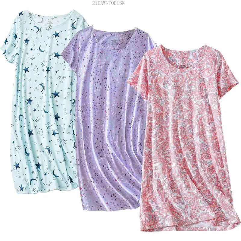 Women's 3-Pack Cotton Night Gowns, Shortsleeve Casual Print Sleepwear Shirts21DAWNTODUSK