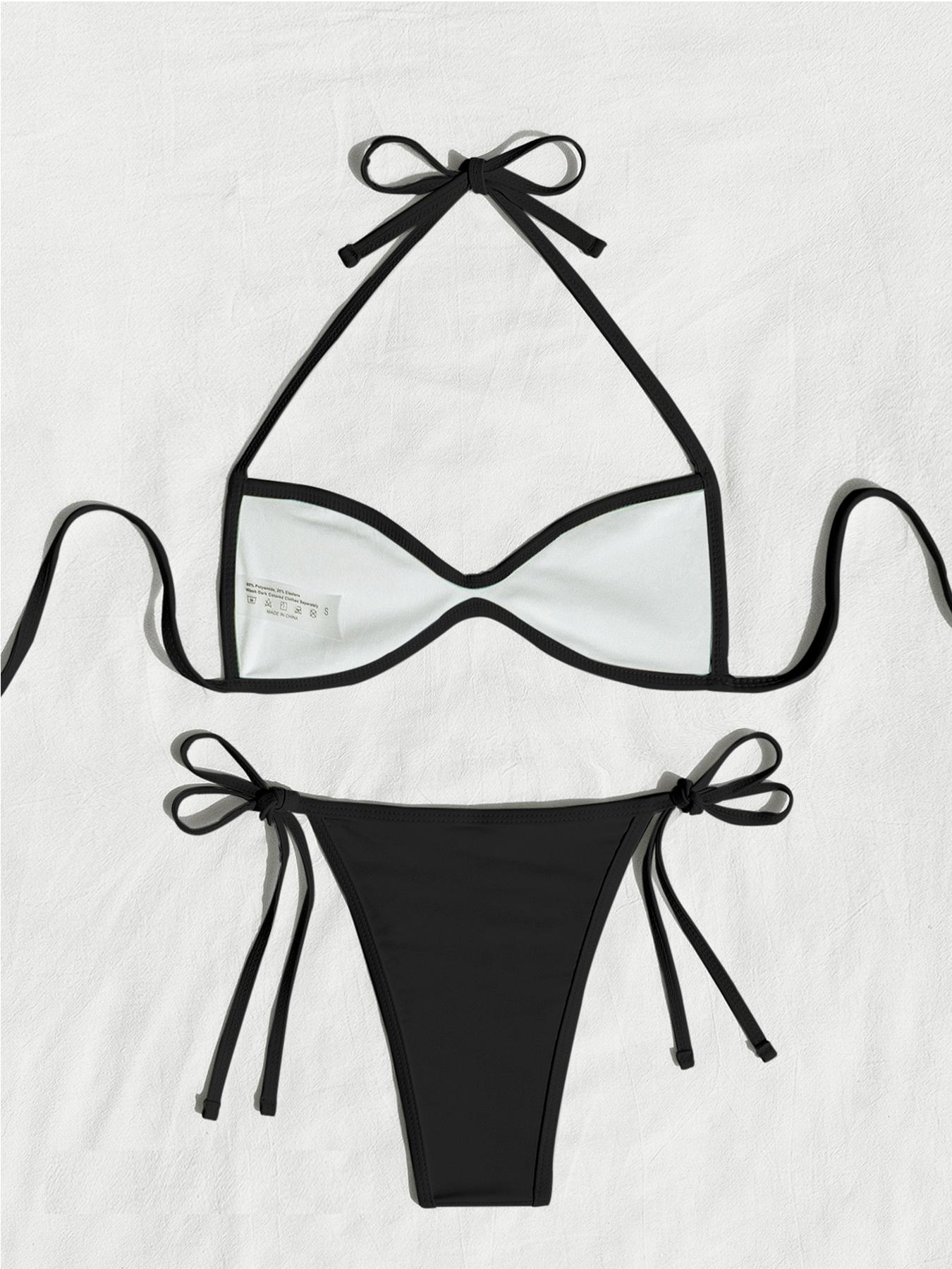 Women's Two-piece Plain or Colorblock Bikinis Set for Summer, Halter Tie-Back Bikini Top & Tie-Side High-Cut Bikini Bottom, Ladies Summer Swimwear for Beach Holiday