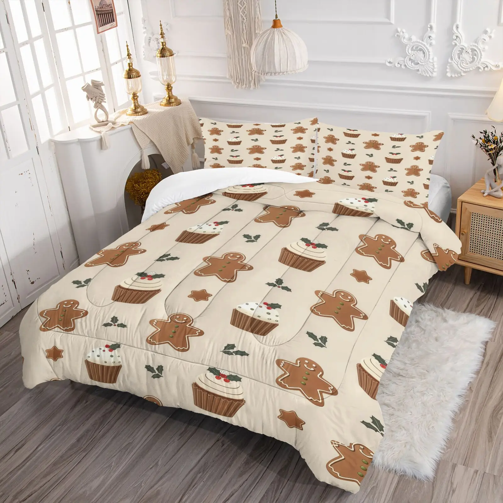Christmas‑Themed Bedding Set, sweet gingerbread man print, soft decorative bedding for adult bedrooms. Perfect gift for friends & family for housewarming and holidays. Includes 1 duvet cover & 1‑2 pillowcases, pillow inserts not included.