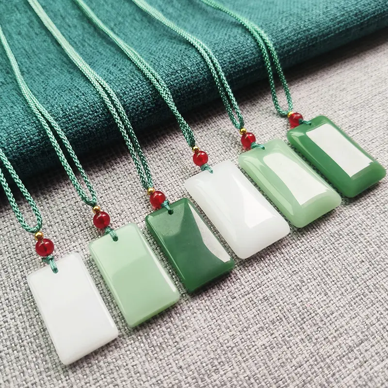 Multi-Size Artificial Jade Set - Couples Wear Jewelry Including Strings, Simple Green Wu Shi Pai, Imitation White Jade Square, Clothing Accessory Necklaces, Live Streaming Supply