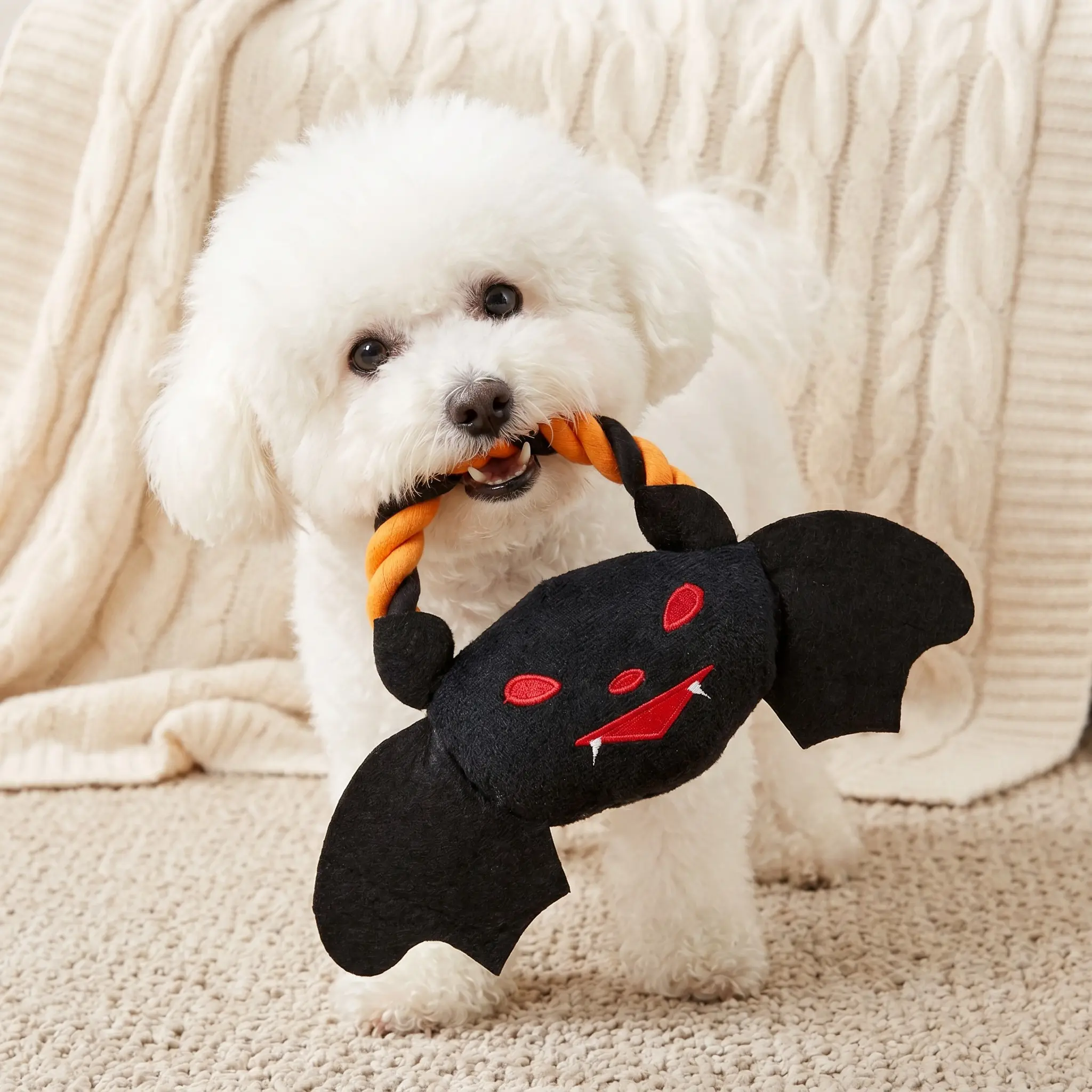 Cute Halloween Vampire Bat Squeaky Pet Toy, Spooky Black Orange Plush Rope Chew Toy for Dogs Cats, Funny Interactive Teething Tug of War Sound Plaything for Cats, Puppies, Small Medium Large Dogs All Breeds