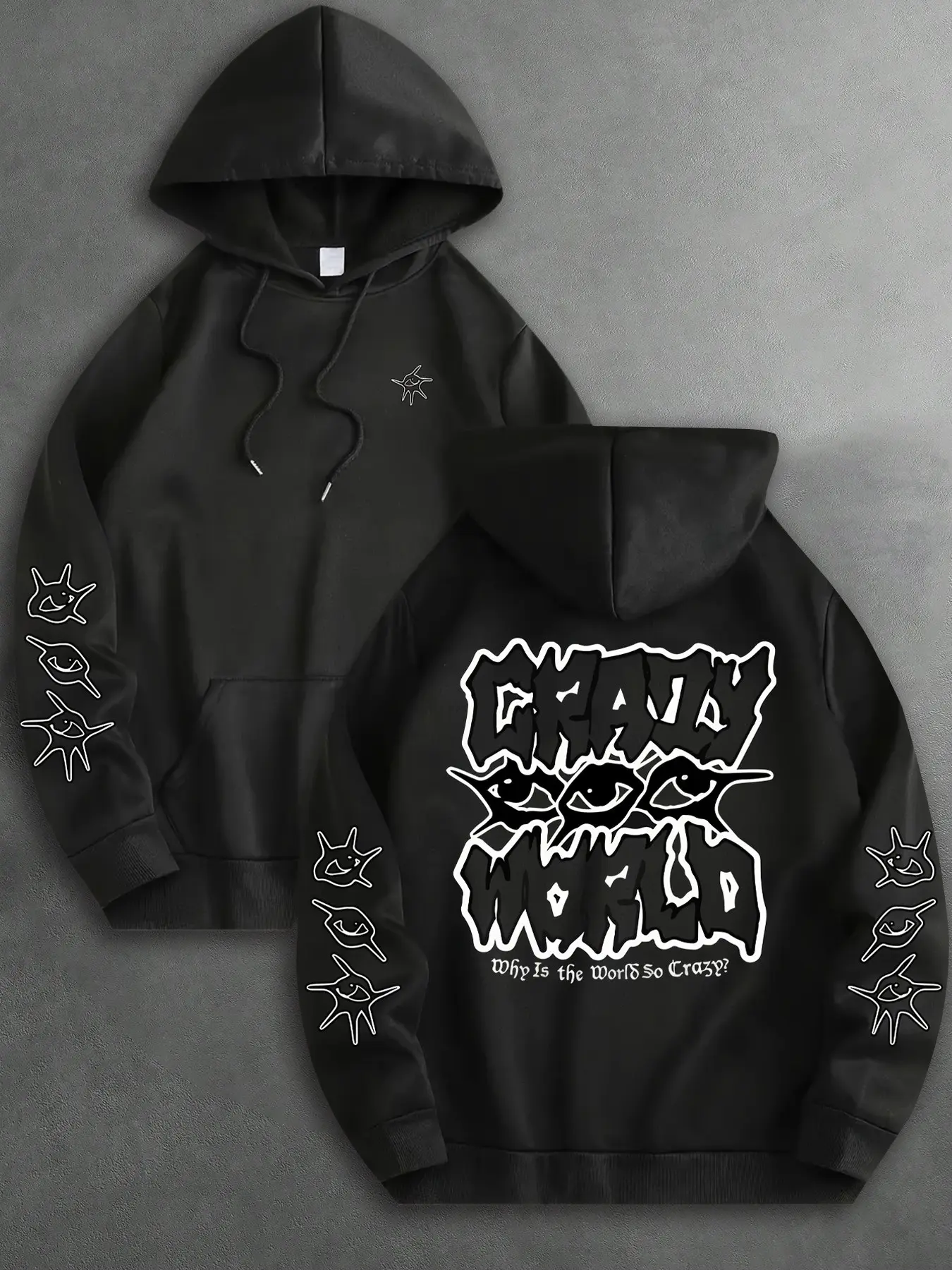 Crazy World Graffiti Back Graphic Hoodie Heavyweight Cozy Black Pullover with Eye Details, Dark Aesthetic Hip Hop Skater Sweatshirt for Chill Winter Fall Vibes