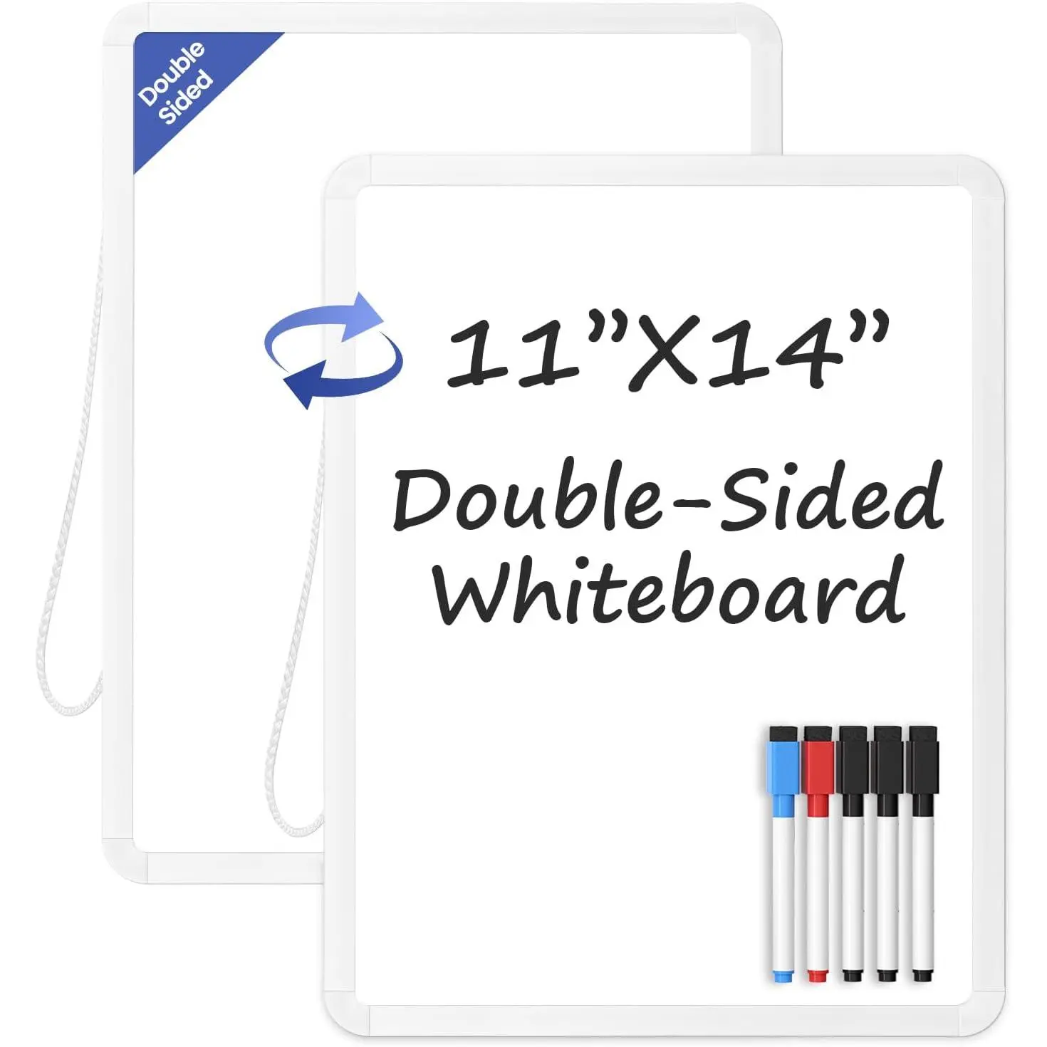 Small Wall White Board, 11" x 14" Mini Double-Sided  Dry Erase Board with Plastic Frame,  Whiteboard with 5 Markers for , Students, School, Kitchen,  & Office