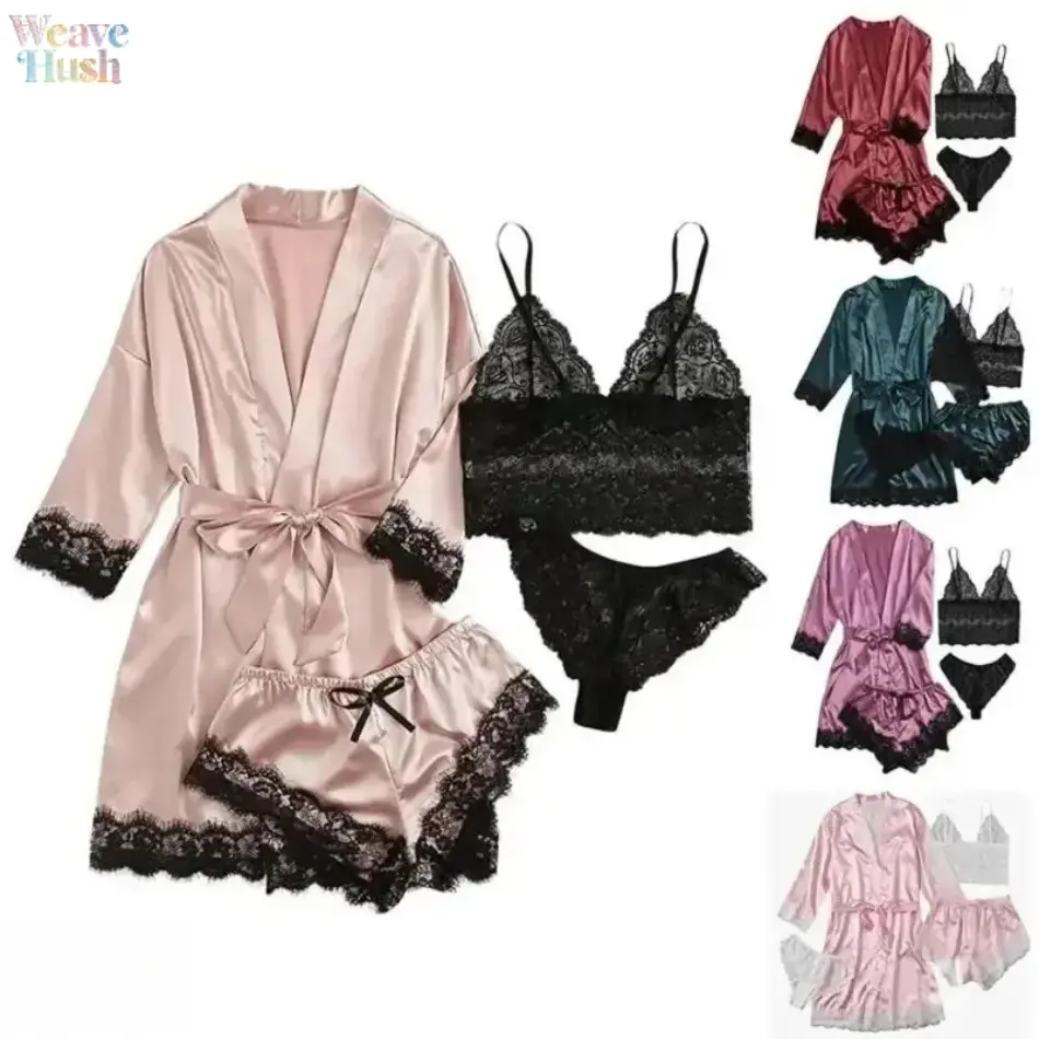 4‑Piece Women Satin Lace Pajama Set, Women Summer Lounge Sleep Essentials, Belted Open Front Floral Lace Kimono Robe, Silky Glossy Lightweight Sleepwear with Cami Top Shorts & Thong for Indoor Daily Lounging