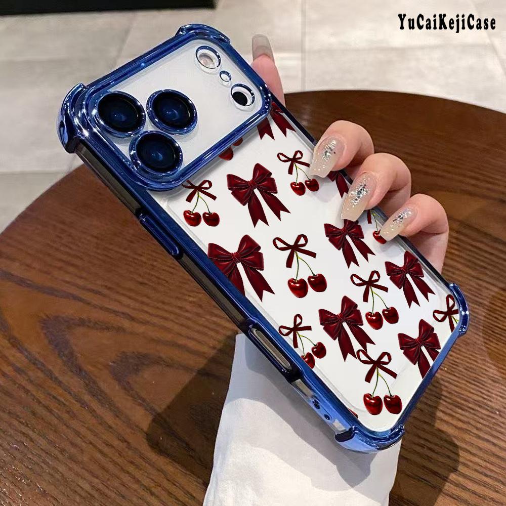 Compatible with Phone Case iPhone 17 Pro Max 16 15 Plus Air 14 13 12 11 E Cherry Bows Pattern Transparent Full Coverage Four Corners Anti-drop Casing