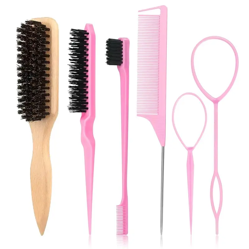 6pcs Slick Back Hair Brush Set, Boar Bristle Wood Handle, Boars Hair Brush, Hair Grooming Brush, 2 Topsy Tails, Edge Comb, Teasing Tool, Fine Tooth Pin Tail Comb for Braid Styling