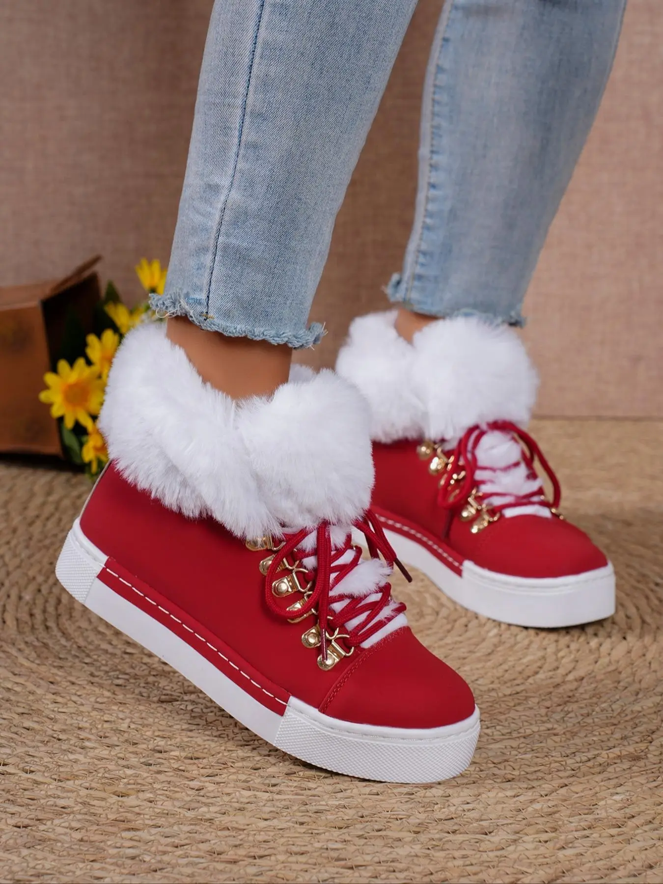 Women's Warm Faux Fur Lined Winter Sneakers, High Top Lace-Up Platform Boots, Sexy Style, Above Ankle, Rubber Sole, Plain Pattern, for Christmas, Xmas