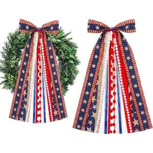 Large Patriotic  Ribbon Bow for Wreath, Red White Buffalo  Fabric Ribbons Set  Lace Ribbon 4th of July Clip- Wreath Sash Ribbons Bundle for Patriotic Indoor Outdoor Decor