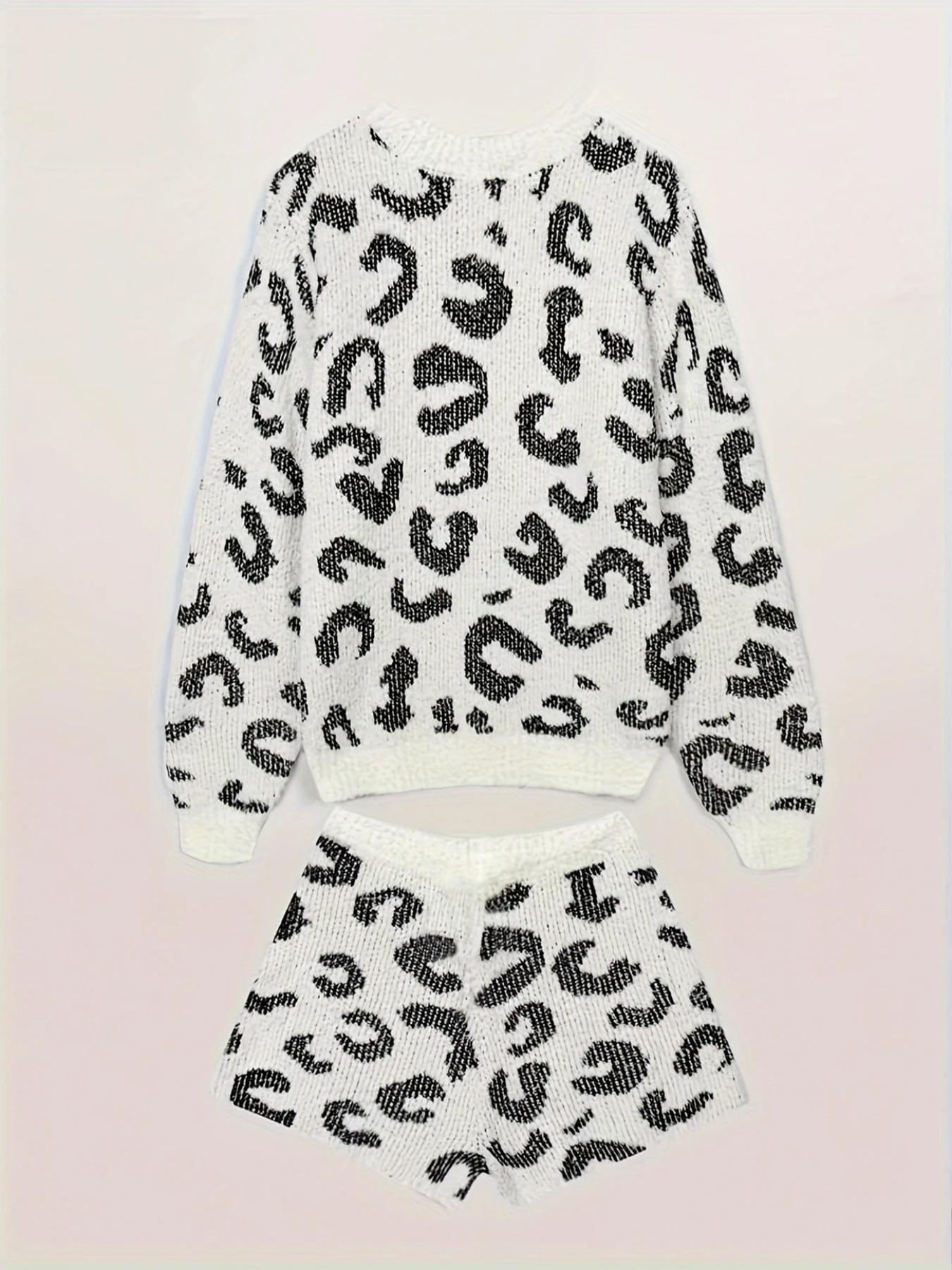【COZY Soft Plush Feel】Women's Leopard Print Long Sleeve Top & Shorts Two-piece Set, Casual Fashion Cozy Round Neck Top & Shorts for Daily Wear, Ladies Sleepwear for Fall & Winter, Pajama