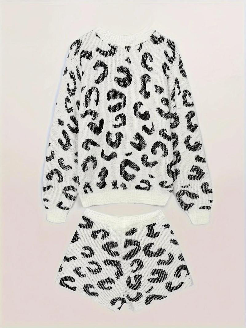 【COZY Soft Plush Feel】Women's Soft Plush Half Velvet Fall Winter Ultra-Soft Round Neck Leopard Print Top + Shorts Homeewear Sleepwear Set Leopard Print Pajamas