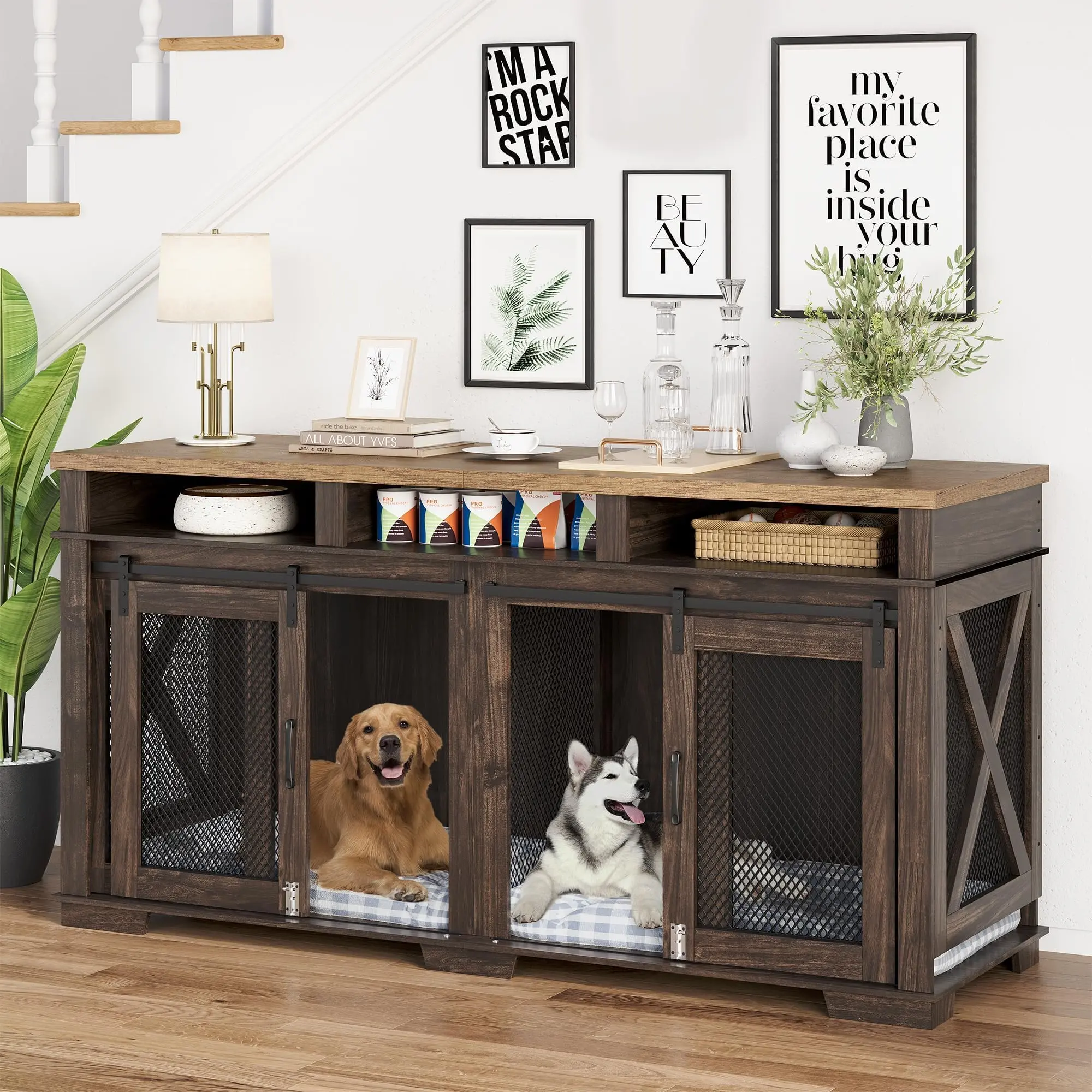 GARVEE71" Heavy Duty Double Dog Crate Furniture with Removable Divider and 3 Storage Compartments, Indoor Furniture Style Dog Kennel Table for Large and Medium Dogs in Dark Walnut